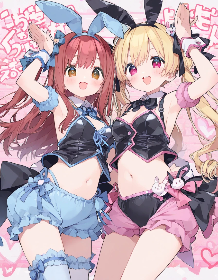 (masterpiece, best quality), best resolution, 16k, close-up, BREAK ,(three heads), (3heads:1.5), huge breasts, open breasts, ((cheek to cheek)), 1girl, solo, BREAK MikoIdol, medium hair, two side up, pom pom hair ornament, black choker, neck bell, red tubetop, red shorts, midriff, white thighhighs, wrist cuffs, (sleeveless), BREAK standing, (open arms, outstretched arms, hands open), smile, open mouth, one eye closed, singing, dacing, look at viewer, exciting, BREAK concert stage, spotlight, open belly, exposed midriff,