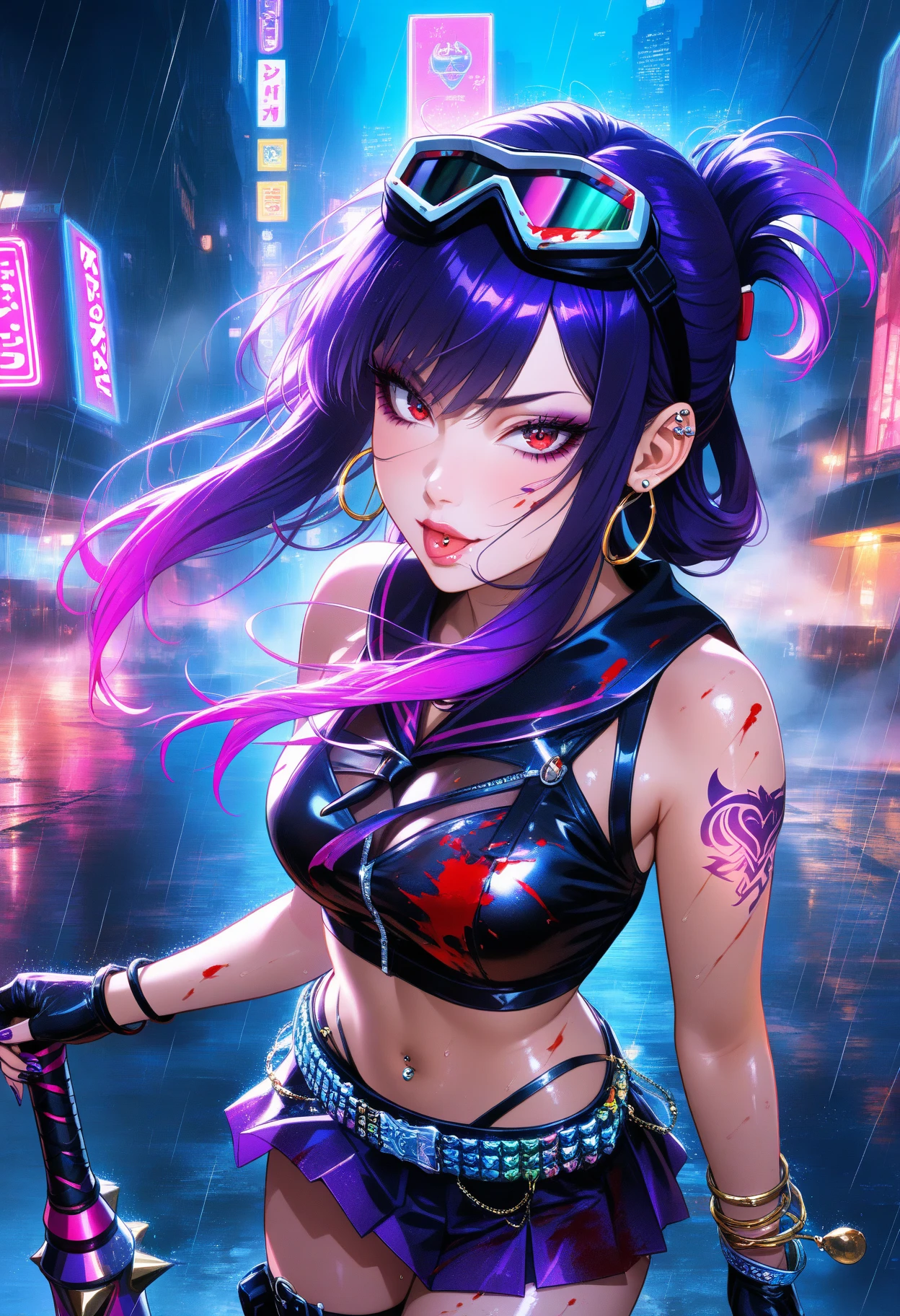 (obra de arte), melhor qualidade, ultra high resolution,garotinha, cyberpunk 1girl voando acima da paisagem urbana deslumbrante ,capuz,cabelo azul, estrelas cadentes em cor neon, cabelo muito comprido, fora do ombro, enfeite de cabelo de pena, neon colors, pisca, Stunning night sky, cinematic lighting, fotorrealista, pele realista, HDR,Olho de peixe