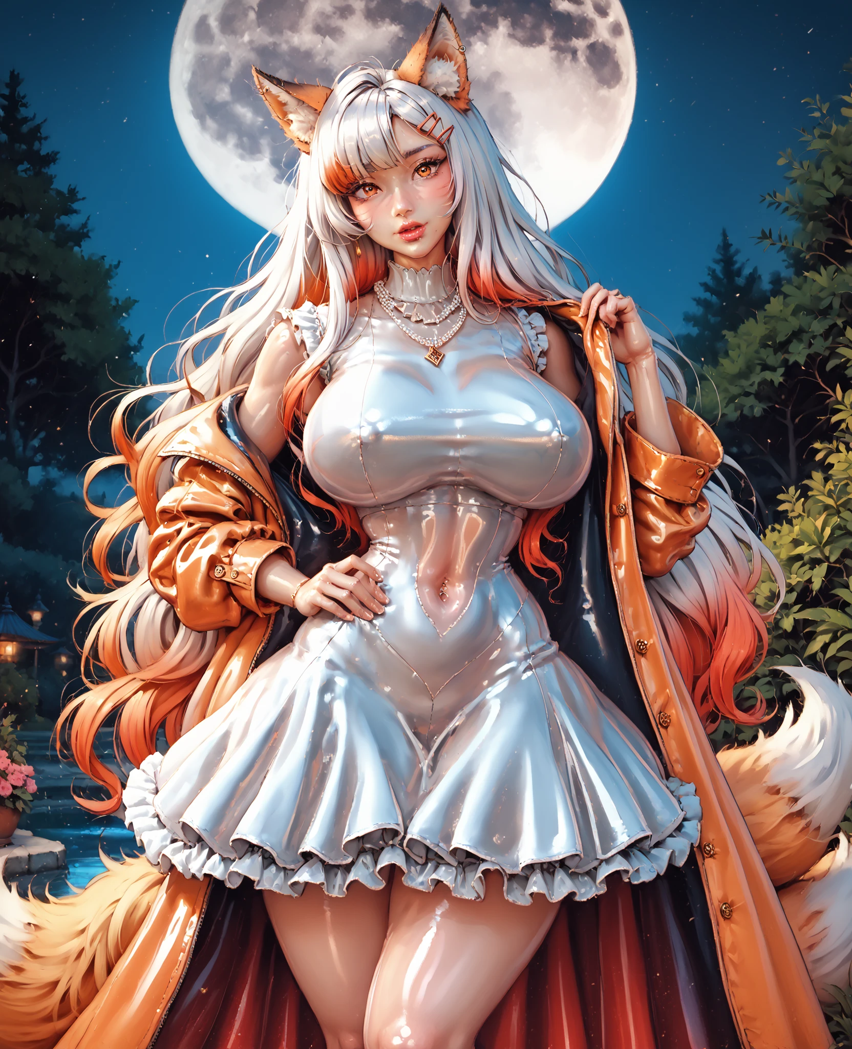 masterpiece, portrait, 1 girl,One, luxurious transparent mini dress, last, perfect face, perfect anatomy, Get dressed, kitsine , extremely detailed, yellow eyes ,fox ears, more details, orange, lots of fox tails, white hair , fox ears, navel, lips, hair clip, gradient hair, long hair, multicolor hair, Single, white long hair, looks at the viewer, big breasts , huge breasts, ear piercing, shiny skin, latex micro-ruffle skirt, latex crop top with an overhanging part shines through the clothes, necklace ,fox ears, resolution of the moon, sakura in the garden ,Night, extremely detailed , 8 k, HDR, portrait по колено, camera is approximate