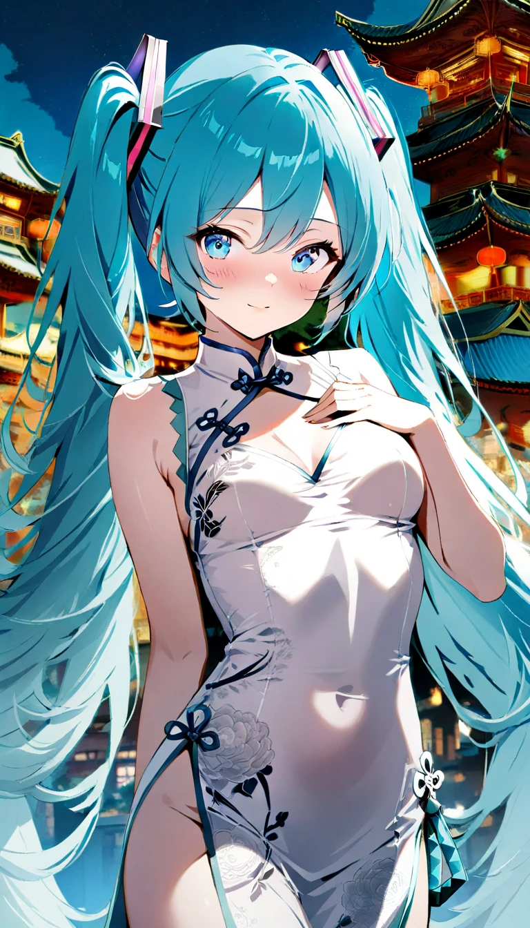 (masterpiece、Highest quality、Highest quality、Official Art、Beautiful and beautiful:1.2)、(One girl:1.3)Hatsune Miku、Twin tails,Beautiful breasts, Katsushika Hokusai, Highest quality, masterpiece, High resolution, Photorealistic, RAW Photos, 8k wallpaper, perfection, Professional Lighting, Very detailed, ((One beautiful woman)), Sexy Woman, ((Gorgeous blue printed dress)), Cleavage, Upper Body, ((look into the viewer'Eyes)), Detailed face, Beautiful Eyes, ((Look forward)), Stylish dining room, sunny, bangs, Shapely breasts, Short Bob Hair, Plump and glossy lips, Cowboy Shot, ((Place your arms between your legs))