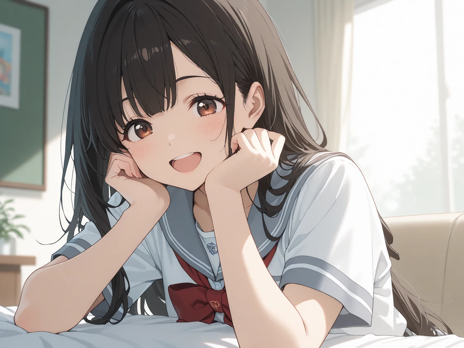 Hands on knees, (leaning forward:1.5), Upper Body, Realistic, real person, (pale skin: 1.2), RAW photo, photorealistic, portrait photography, shiny skin, japanese idol、shiny hair、(25 year old woman with medium hair with bangs) and (wavy hair) and (brown hair) and (orange eyes) , plain white t-shirt 、pink panties、(smile:1.2), open mouth, embarrassed、The background is the living room、Alone、Are standing