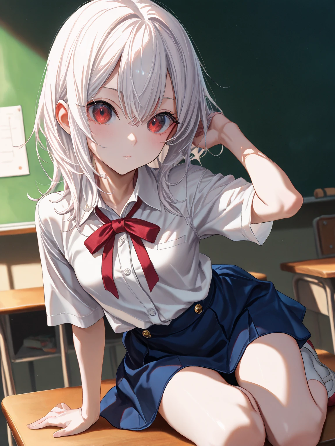 minneapolis\(azur lane\), school_uniform, pleated skirt,plaid_scarf,red_scarf,classroom,sitting,from below,, masterpiece, best quality, extremely detailed face, sharp details, high contrast,