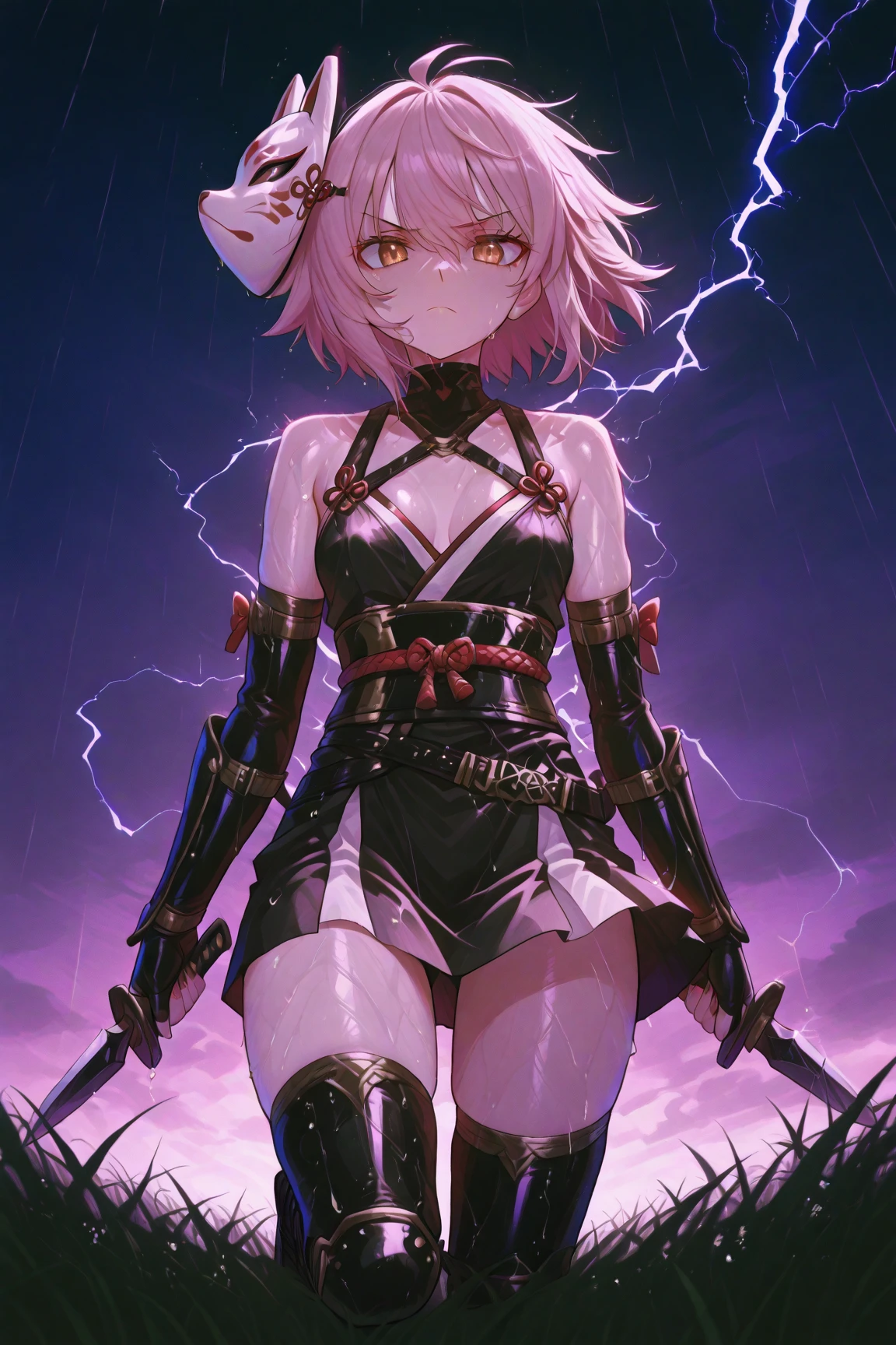 (Super detailed:1.3), ((((best quality)))), ((masterpiece)), female focus, solo,hotify, stunning beauty,powerful glow,detailed face((light pink hair)),short hair,shaggy hair,messy bangs, long bangs,unkempt hair,caucasian,pale skin:1.3,highly detailed eyes,high fantasy outfit,(((tight black leather top))),(((midriff))),short shorts,((yellow eyes)),big breasts,cleavage,soulcalibur 5 artstyle,((night time background)),((snowy backgroud)),((lunar eclipse)), cocky smirk,wearing green bandana on head,2 arms,short woman,fit woman