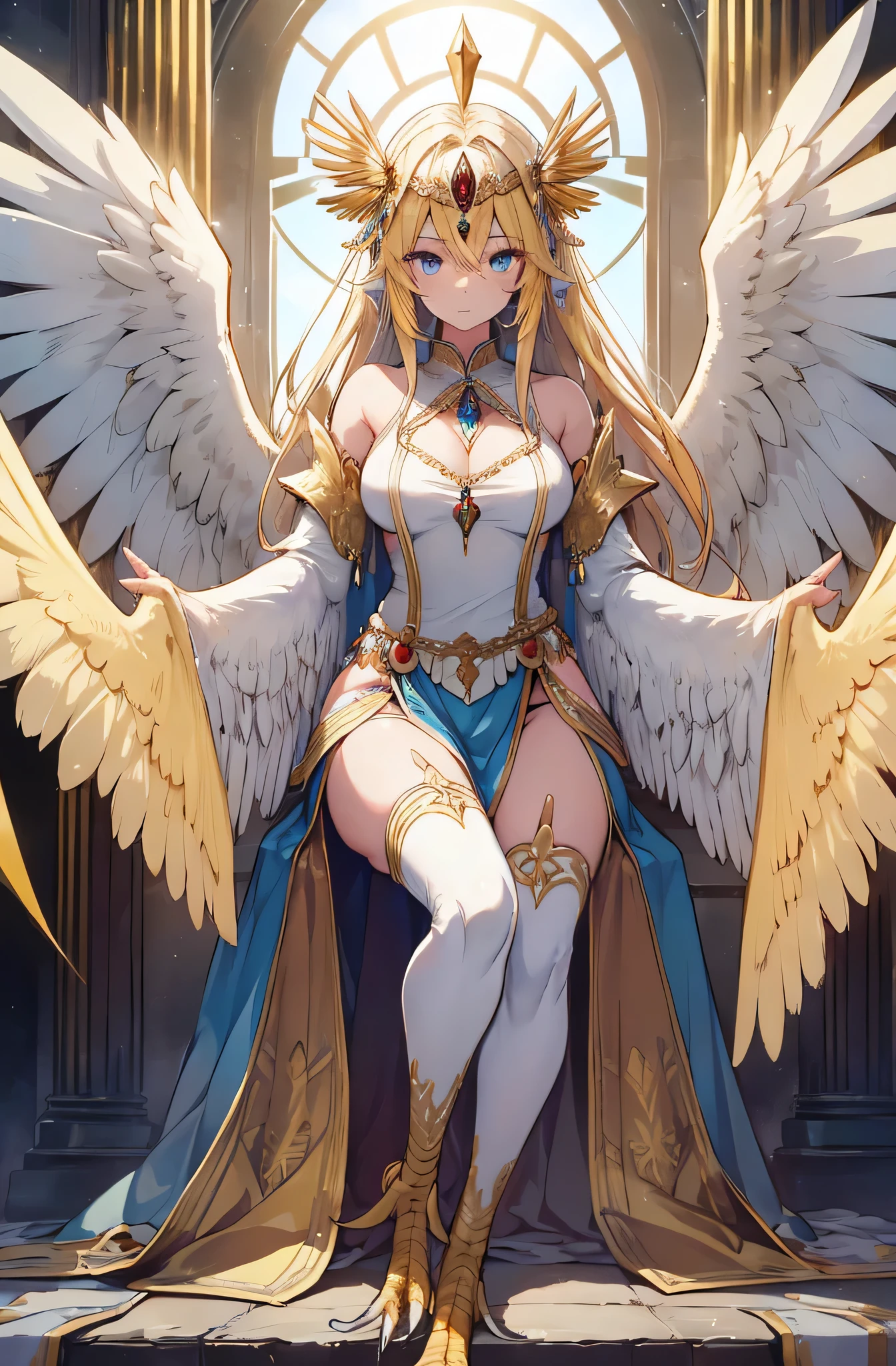4k,hight resolution,One Woman,harpy,Bright blonde hair,Longhaire,Bright blue eyes,huge tit,Bright white wings,Golden toenails,high priestess,valkyrie,Goddess dress,Winged headgear,Angel Wakka,jewel decorations,Temple in the Sky