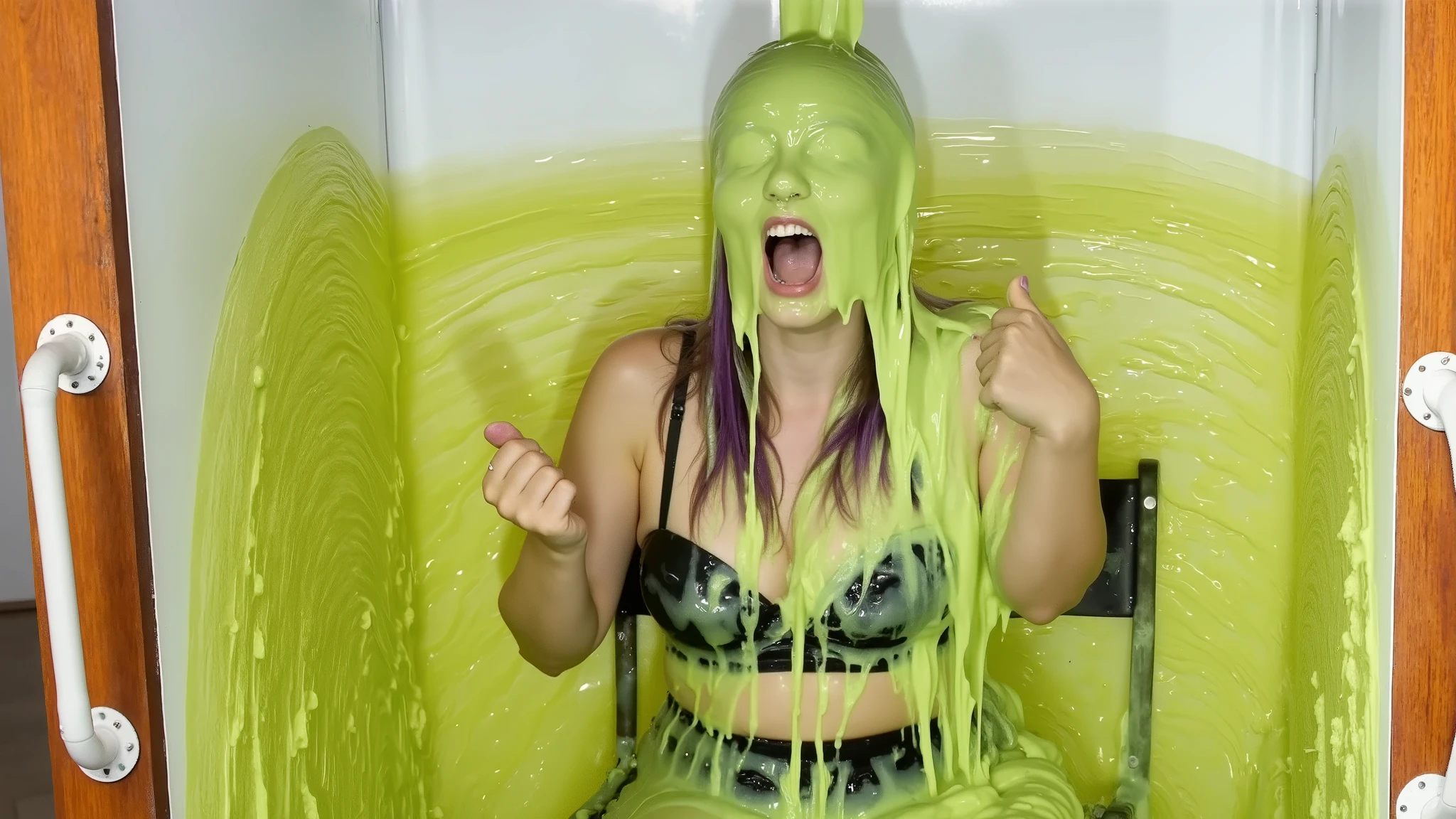 one surprised caucasian girl splattered with green slime, slime streams over the girl from above her head, she is wearing a two-piece bikini, slime over the girl's head, clothes, legs, hands and arms, stood in an abandoned office, sitting on an office chair, super detailed, extreme realism, photo realistic, 1 girl, green slime, ginger hair, pigtails, bikini
