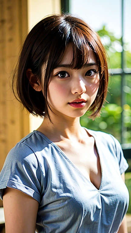 Tabletop, highest quality, 8k, 18, (Big ample breasts:1.2), cute, alone, sad, close, cute, Girlish, Delicate girl, Pure beauty, RAW Photos, Professional photography, Portraiture, Soft Light, Professional Lighting, Backlight, whole body, Sophisticated, Film Grain, (Eye and facial details:1.0), Short floating hair , Beautiful, flowing hair, bangs, Collared shirt