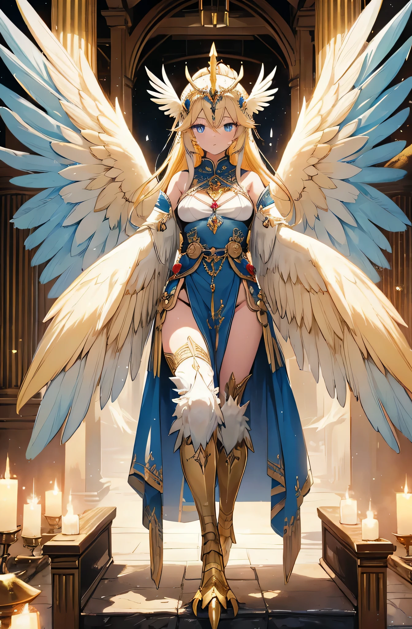 4K,High resolution,One Woman,Harpy,bionde,long hair,Blue eyes,Big Breasts,White Wings,Golden toenails,Samurai,白色のSamuraiの鎧,Full Armor,hair band,Jewelry decoration,Medieval village