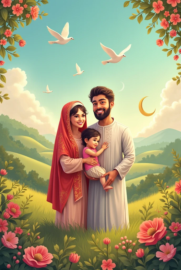 Cartoon Muslim couple holding newborn baby girl
