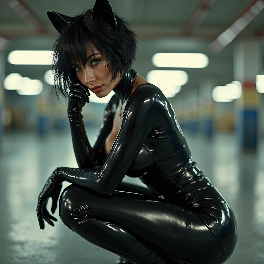 Black latex, 1 maiden, blindfold, elbow long gloves, over-the-knee latex socks, high heels, full body, heavy breathing, anatomically correct, (camel toe)