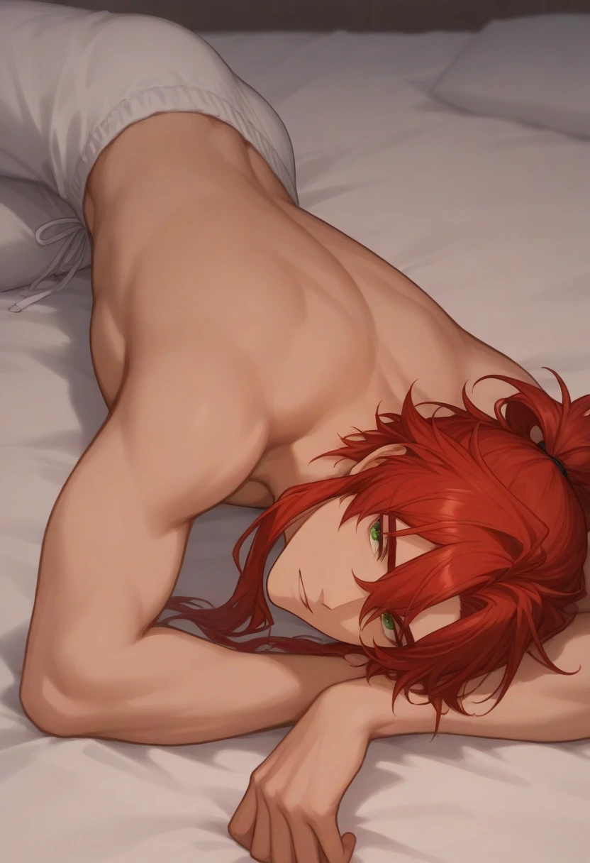 1 cute male,  looking at the camera, naughty smile, Long Red Hair to Chest Length, blue eye, Piercing na Boca, wearing no shirt, Athletic Belt, lying in the bed, japanese house , Handsome boy, hot body, wearing no shirt, black neck necklace, Athletic Belt, bulge Calvin Klain Boxer Briefs Black, hands behind head, cute male, wearing no shirt, Athletic Belt, , cute boy) hot body, spider tattoo on neck.