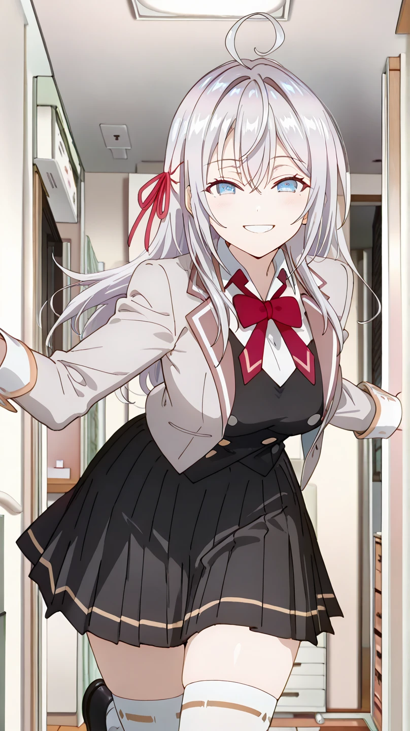 best quality, amazing quality, very aesthetic, absurdres, (1girl, mutsuki, blue archive, solo, red eyes, white hair, side ponytail), (realistic face:0.9),(thong:1.8),dress lift, (grin, blush, thigh:1.3), (cowboy shot), (glistening eyes), (half closed eyes:0.9), (), (official art:1.3), (panties around one leg), expressive eyes, perfect face, 4k, extremely detailed anime illustration, extremely detailed eyes, perfect anatomy, light rays, extremely delicate body, smooth skin, (game background:1.5), clear eyes, beautiful face, small breasts,(anime style:1.6), (Warm Light:1.5), (highres:2),
