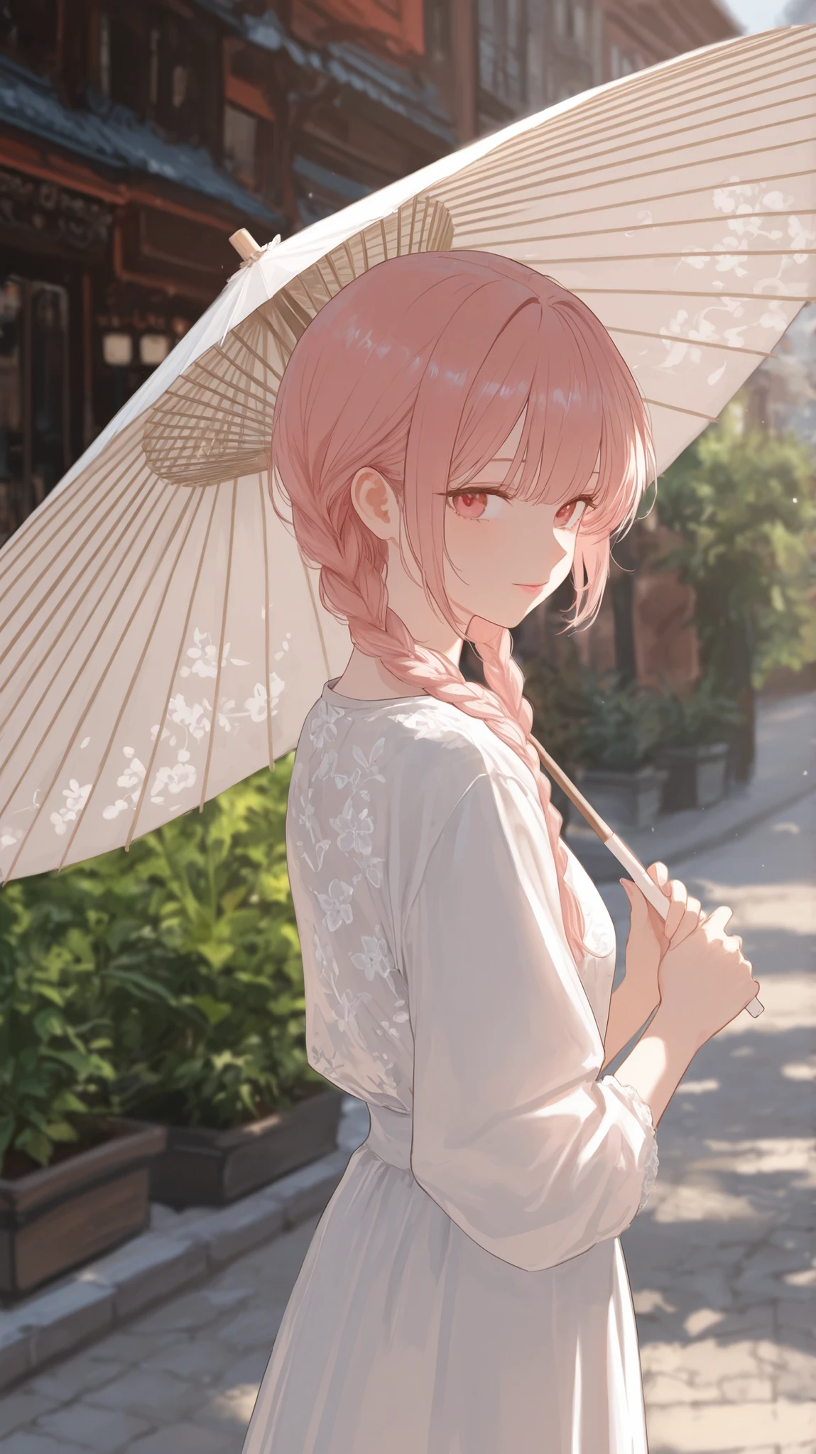 score_9, score_8_up , score_7_up , score_9,Score_9, Score_8_up , Score_7_up ,The photo is in a beautiful and fresh style, showing a young woman with double braids and delicate face, wearing a white Chinese top, light pink lipstick, holding a white floral paper umbrella, standing elegantly on an antique street, with traditional buildings on one side and green plants and blurred building outlines on the other side, creating a quiet and classical atmosphere.