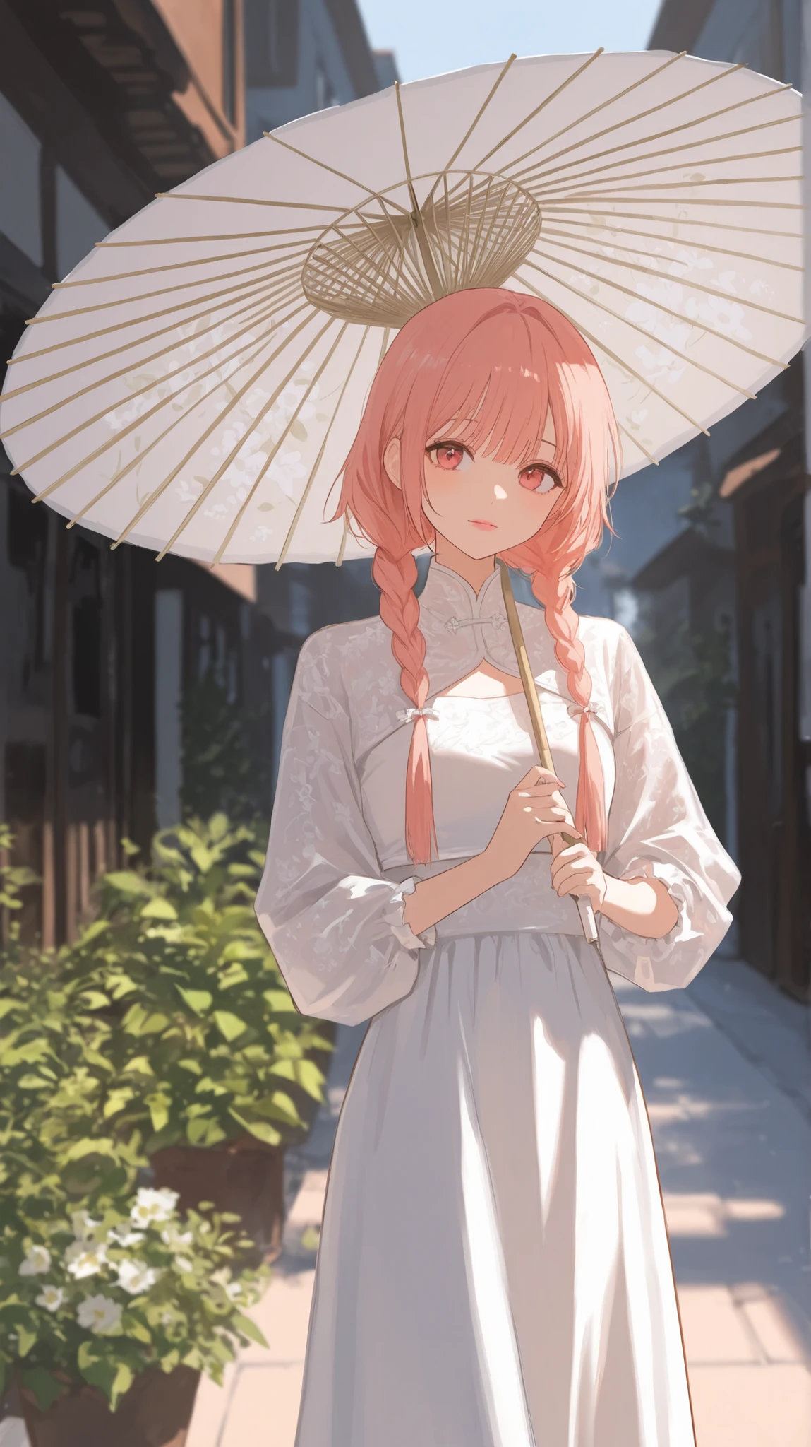 score_9, score_8_up , score_7_up , score_9,Score_9, Score_8_up , Score_7_up ,The photo is in a beautiful and fresh style, showing a young woman with double braids and delicate face, wearing a white Chinese top, light pink lipstick, holding a white floral paper umbrella, standing elegantly on an antique street, with traditional buildings on one side and green plants and blurred building outlines on the other side, creating a quiet and classical atmosphere.