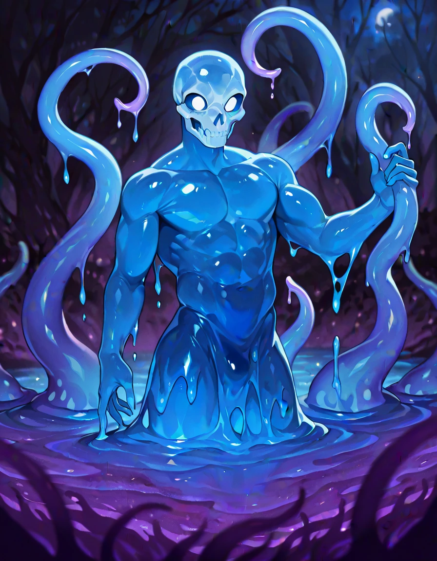 ((absurdres)) ((perfect whole body)), ((ultra photorealistic)), Top quality, ((Photorealistic)), ((16k UHD)), High Definition, Unity 8K wallpaper, high res, ultra sharp, ((masterpiece)), best quality, ((intricate details)), (((detailed eyes))), (((perfect face))) (((detailed face))), masterpiece, highly detailed exquisite character art, melancholy lighting, (((perfectly detailed anatomy))) (((cinematic light))), ultra-realistic, (((detailed body))), (((detailed muscles))), (((1Male))) (((Bodybuilder))), (((muscular))), ((bara)), slime body, slime male, slime male pecs, slime butt, slimy humanoid, liquid slime male, sexy, Neon ((Blue Slime Body)) soaked, liquid, devouring another male, male swimming in slime lake, male slime , (((male))) slimy bulge, humanoid slime man, Humanoid slime bodybuilder, manly, masculine, ((shiny)) ((glowing))((Slime tentacles)) ((entangled in tentacles)), ((wrapped in slime tentacles)) in a lake,