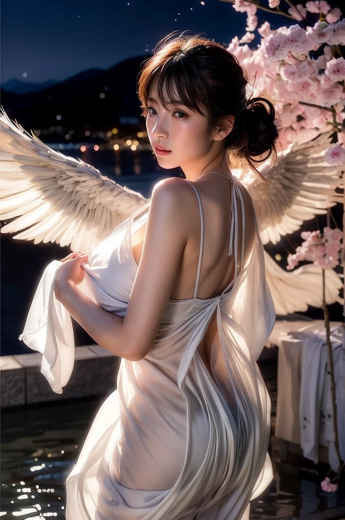 Sakura Card Captor, semidesnuda, iconic costume with angel wings,very sexy small clothes,she has his Star Wand in his hand, guantes blancos adornados, adulta, magic cards around you, cuerpo muy delgado, super skynny body, small and beautiful buttocks, abdomen tonificado, I can see her beautiful and perfect small breasts,piernas hermosas, manos perfectas, intelligent, poder resplandeciente en su cuerpo, obscena, super powerful, sensual, In the background is the Tokyo Tower of Japan, se observa la luna grande en el fondo,mirada sensual, ojos hermosos,short hair, classic hairstyle,Hair dyed in bright brown color, Best quality,8K,A high resolution,Masterpiece,Ultra detailed,Realistic, Photorealistic,photo realistic