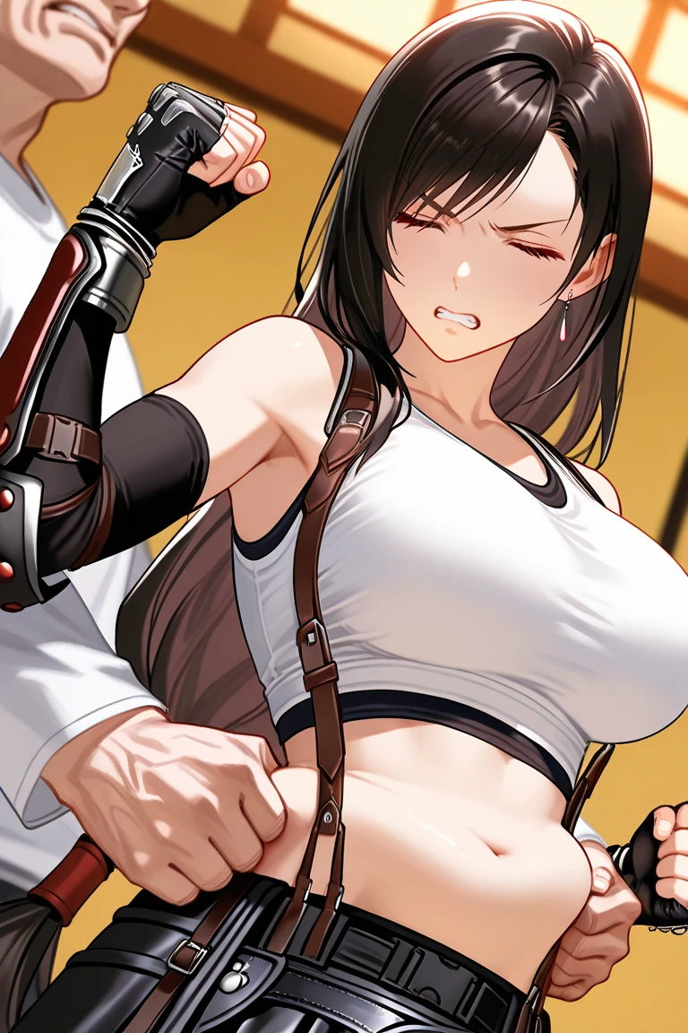 Original Tifa lockhart, black leather miniskirt, raised skirt sitting on waist, white micro panties, black long hair, red eyes, in a tavern, toned body, ahegao, exposed breasts, solo female, fat male, male on female, blowjob, sucking cock, licking cock, blowjob pov, oral creampie, licking dick, stroking cock, faggot gay futa tifa, bulge in panties