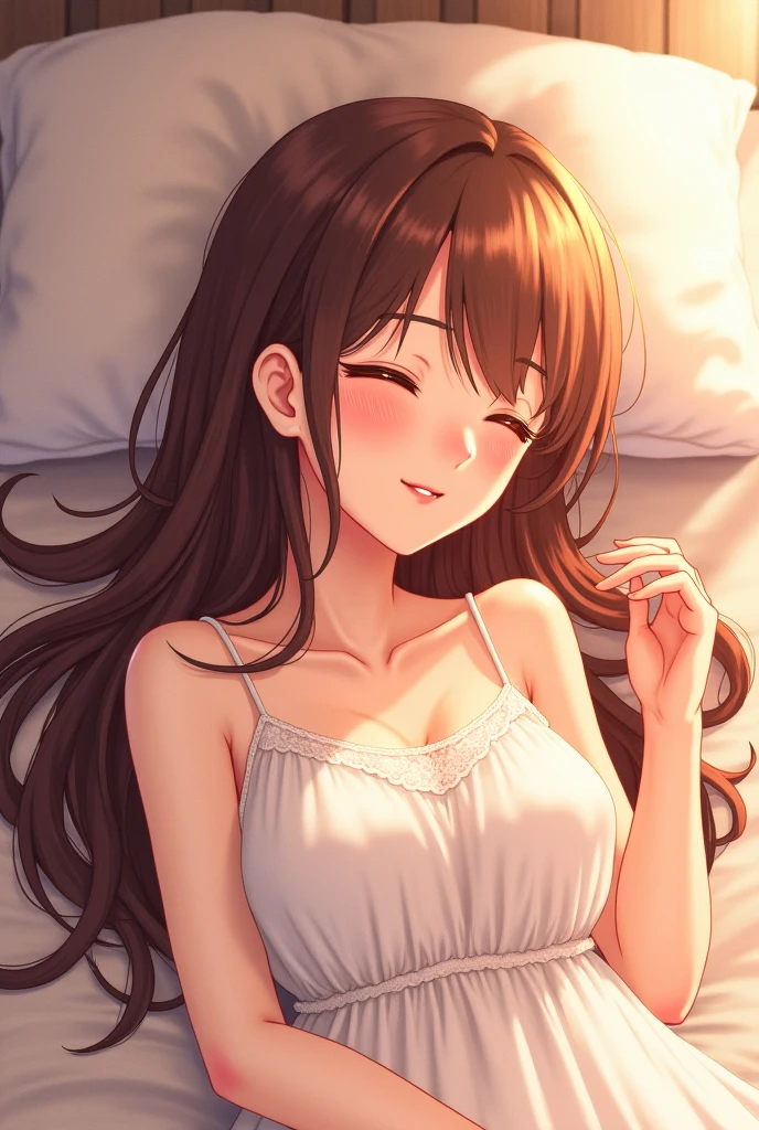 cute, anime, cute, super high quality, Very detailed, 8k, Clarity, girl, Dark brown long hair, Close your eyes and smile,Lying on the bed , ,Draw detailed facial expressions, Close your eyes and smile,Light pours down,Body pillow