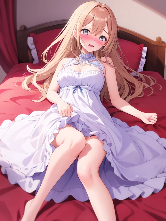This is the girl's room, decorated in light blue.、1A woman is changing her uniform、There are no lights on so it's dark、Completely naked women、Completely naked、I can see her , navel, pussy, clitoris and labia majora.、Short, fluffy, dark brown lob hairstyle、Small breasts、R-18 illustration、She is blushing with embarrassment、The bra that was taken off is lying on the ground break One man, (man touching woman's breast:1.5), man reaching around woman's back, man kissing woman's neck
