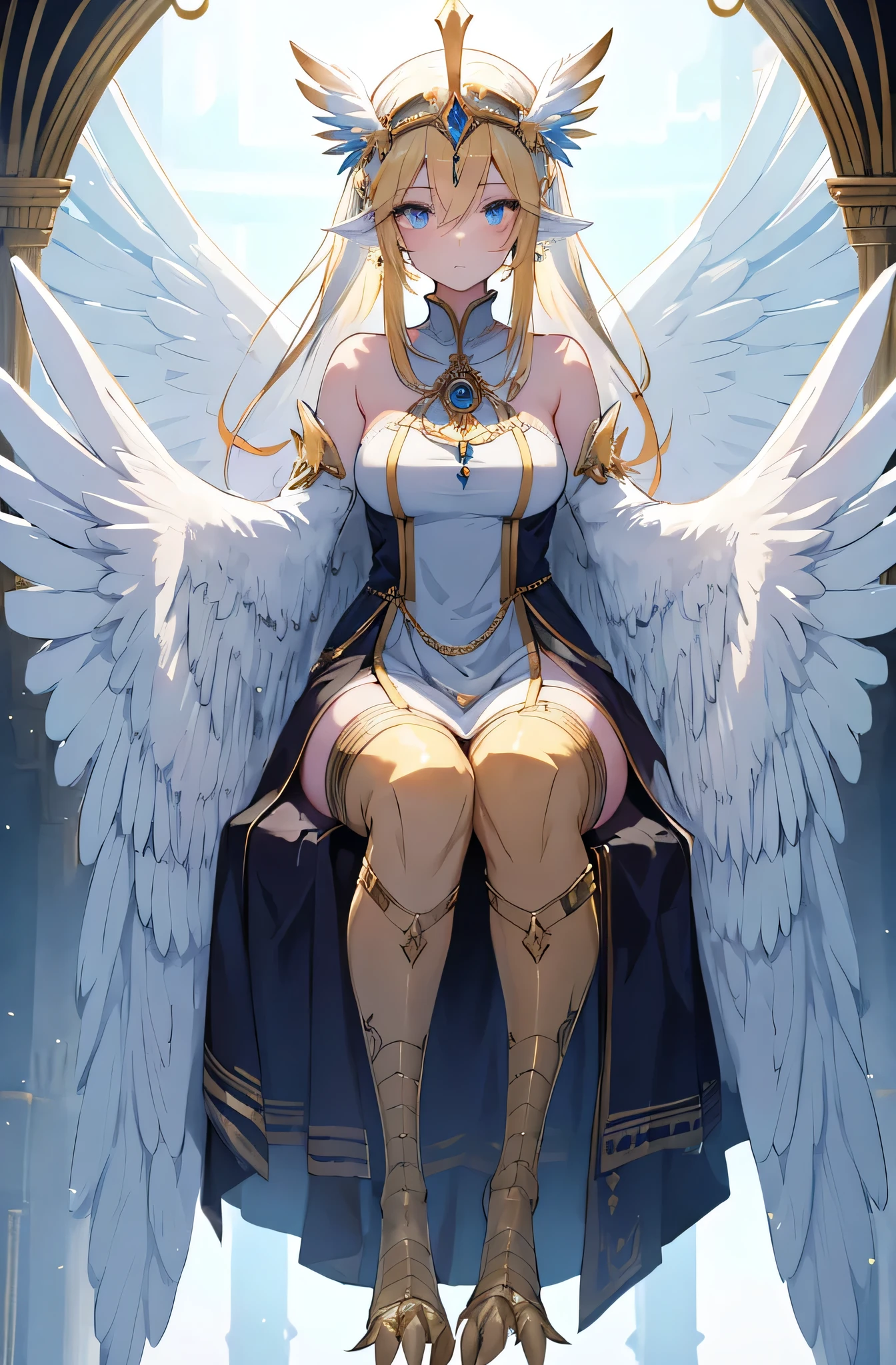 4K,High resolution,One Woman,Harpy,Blonde,Long Ponytail,Blue Eyes,Big Breasts,White Wings,Golden toenails,princess,Pink Dress,Jeweled clothing,princessのティアラ,Medieval castle town