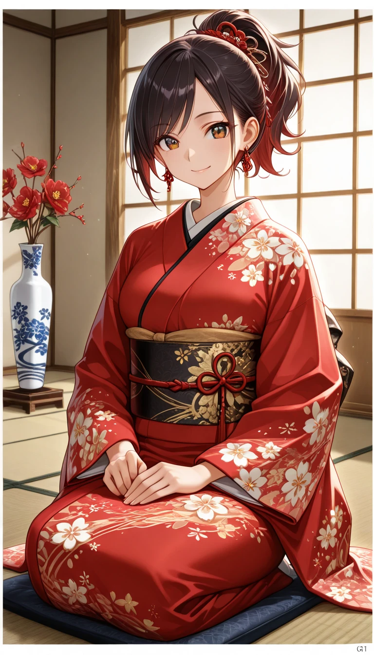 (beautiful girl : 1.3),1 girl,(Beautiful crimson kimono,earrings,),dark haired,ponytail,Smile Yan,seiza,Lots of flowers arranged in a large vase,between floors,Japanese-style room,Shoji screen,tatami,Dynamic Angle,masterpiece,Best Quality,Rich Contrasts,High Definition,8k,High Definition CG Unit Wallpaper,Textures,unbelievably absurd,RAW pictures,Deep Border 1 .2,very detailed