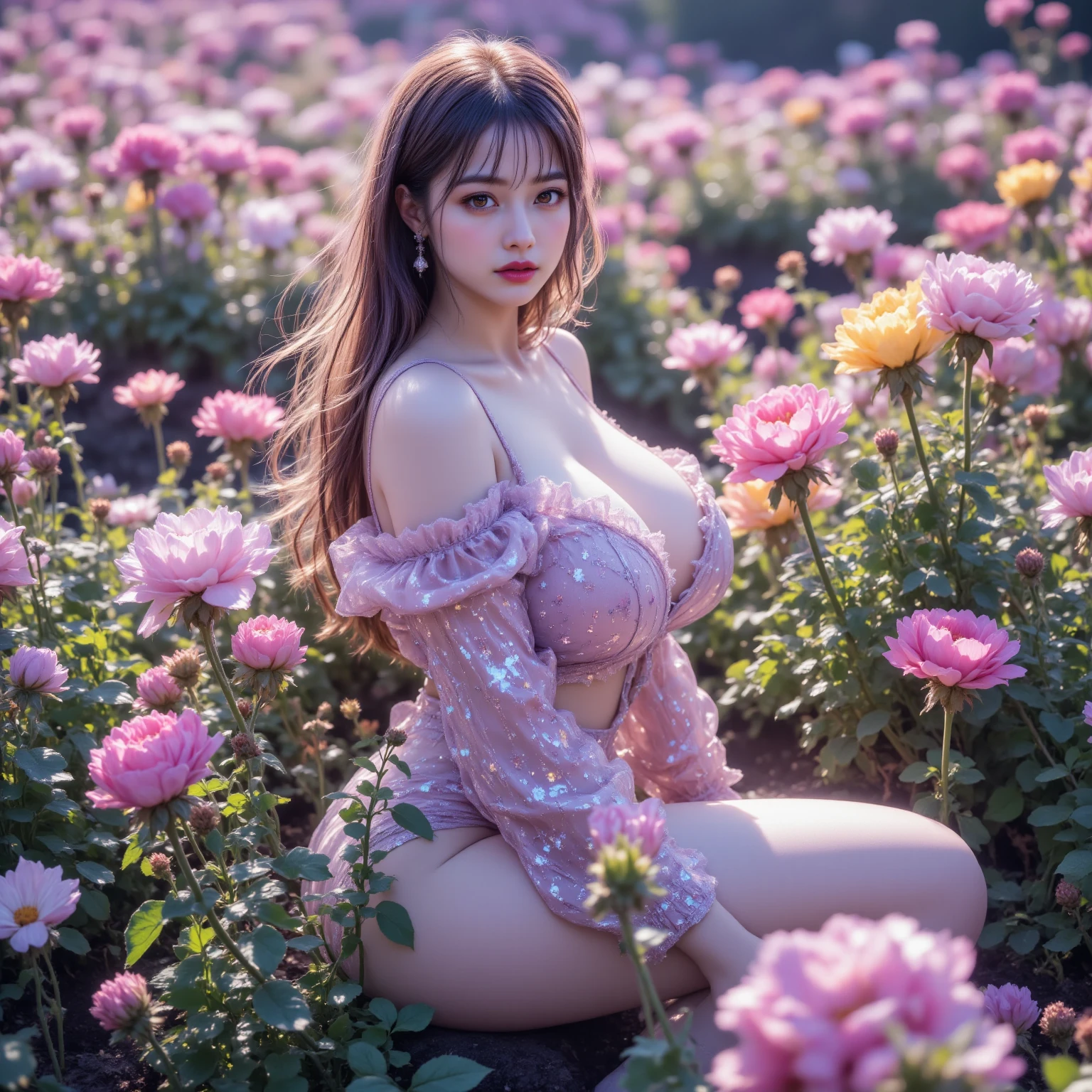 Top quality, RAW Photo, Highest Quality Image, 16K, Full body, Age 18 years old, Realistic, Photorealistic, Beautiful Asian Girls, Sexy, Perfect slender body, White pale skin, Beautiful hair, Wavy hair, Violet Hair,, Short hairstyle, Detailed face, Detailed body, Detailed skin, Double eyelids, Big eyes, long eyelashes, bright eyes, green eyes, natural lips, detailed lips, slender legs, thin waist , small hip, Naked, Pussy, Hairy, Pink nipples, Round shape breasts, detailed breasts, Beautiful breasts, Big Breasts, Perfect breasts, small thighs, posing in flowers field, pink tone light , soft light , smiling, light wind,