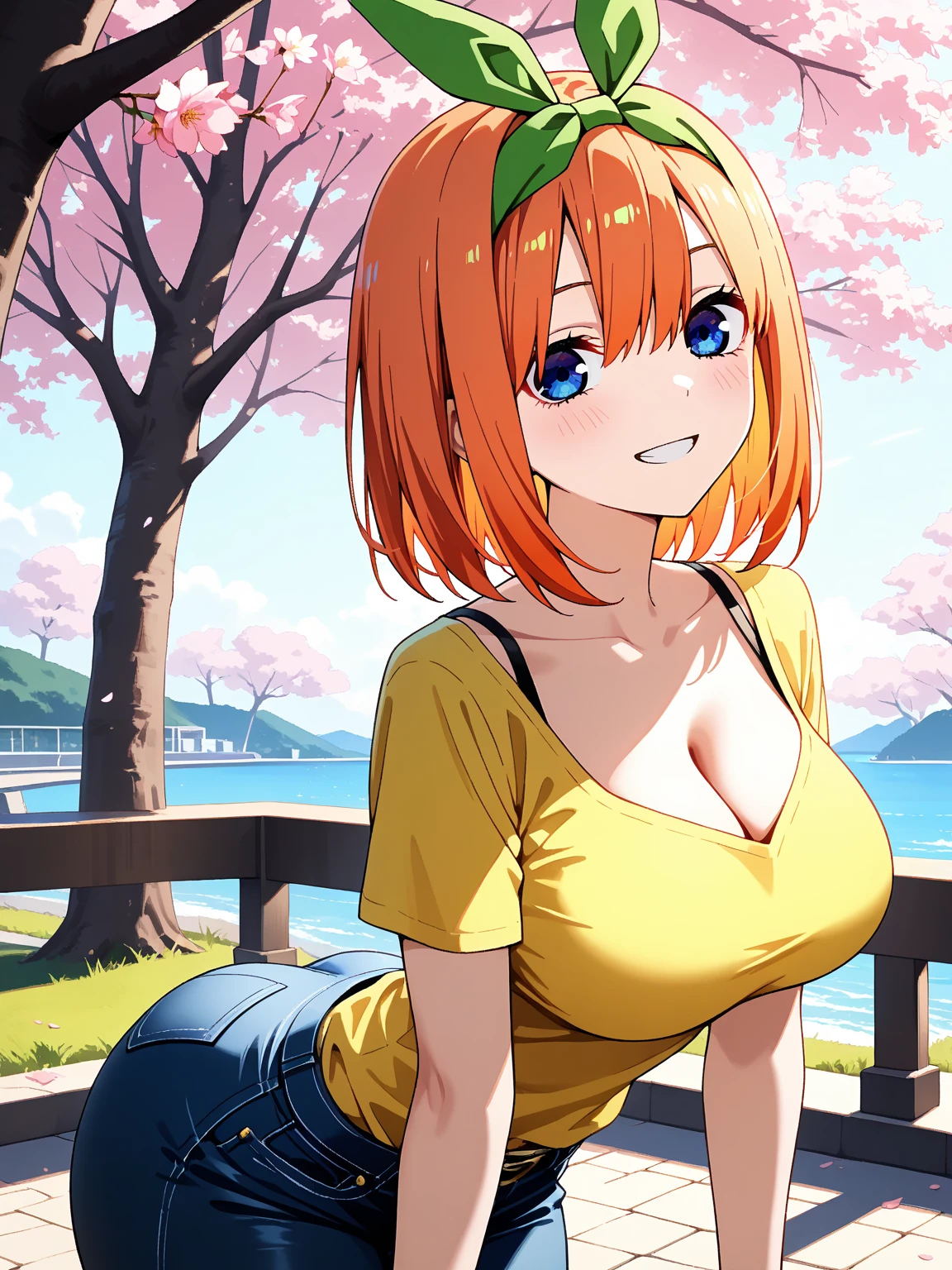 [yotsuba nakano, bangs, short hair, blue eyes, hair between eyes, hair ribbon, hairband, orange hair, (green ribbon:1.5),], 1girl, anime girl, anime, girl, 2d girl, 16y, (fullbody), seductive smile, blush, cleavage, Solo, Slim, Big breasts, large Breasts, sfw, cowboy shot, Tight Shorts, low waist shorts, upshorts, outdoors, night background, looking at viewer, darker shadows, (((shorts))), (((thigh gap))), (((lowleg shorts))),