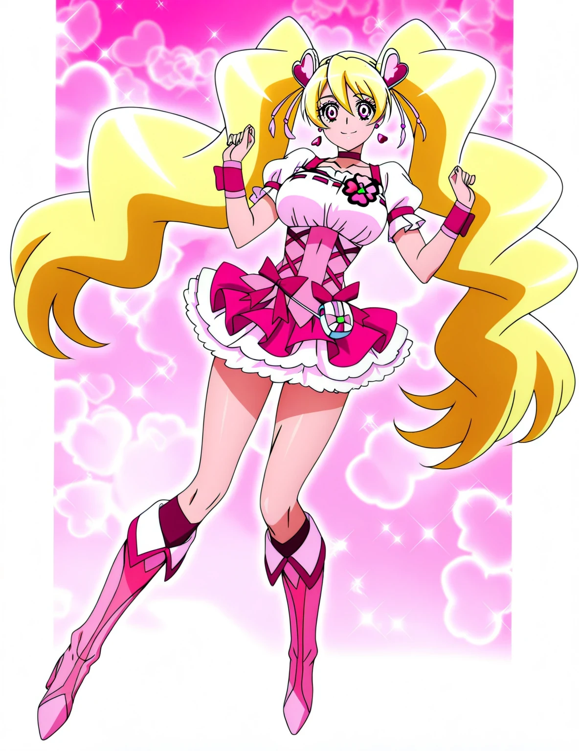 score 9 、score 8 up、score 7 up、source anime、masterpiece、best quality、best resolution、very detailed face、 very detailed 、very detailed details、anime coloring、1girl、cure peach、female character is wearing a white and pink dress、beefcake standing、blonde hair、twintails hair、floating hair、very long hair、hair between eyes、pink eyes、eyelash、heart hair ornamen、heart earrings、solo、The girl of the zodiac、magical girl、portrait The girl of the zodiac、long legs、big breasts、covered breasts、very large breasts、tall girl、white puffy short sleeves、frilled sleeves、pink mini skirt、frilled skirt、layered skirt、white mini skirt under the pink mini skirt、white panty、wrist cuffs、pink neckwear、 pink choker、jewelry、four-colored-clover ornament to left chest、white panty under the white mini skirt、pink legwear、pink knee boots、pink footwear、knee boots、heel boots、pink corset、pink bow、frilled dress、!!full body portrait!!、 magical girl style、brave beautiful、magical aura、brave sexy、anime princess、official anime style、lewd anime style、official anime artwork、cure peach outfit、hymn to the king as a princess、Covered trapezius、biceps、biceps long head、biceps short head、triceps、triceps medial head、triceps lateral head、triceps long head、brachioradialis 、covered deltoids、thigh muscles、semitendinosus muscles、covered adductor magnus muscles、brave smile、A cheerful smile、perfect body、perfect hands、perfect arms、perfect legs、looking at viewer、female focus、cowboy shot、beefcake style、pink background、I can see white panty、showing white panty、panty shot、