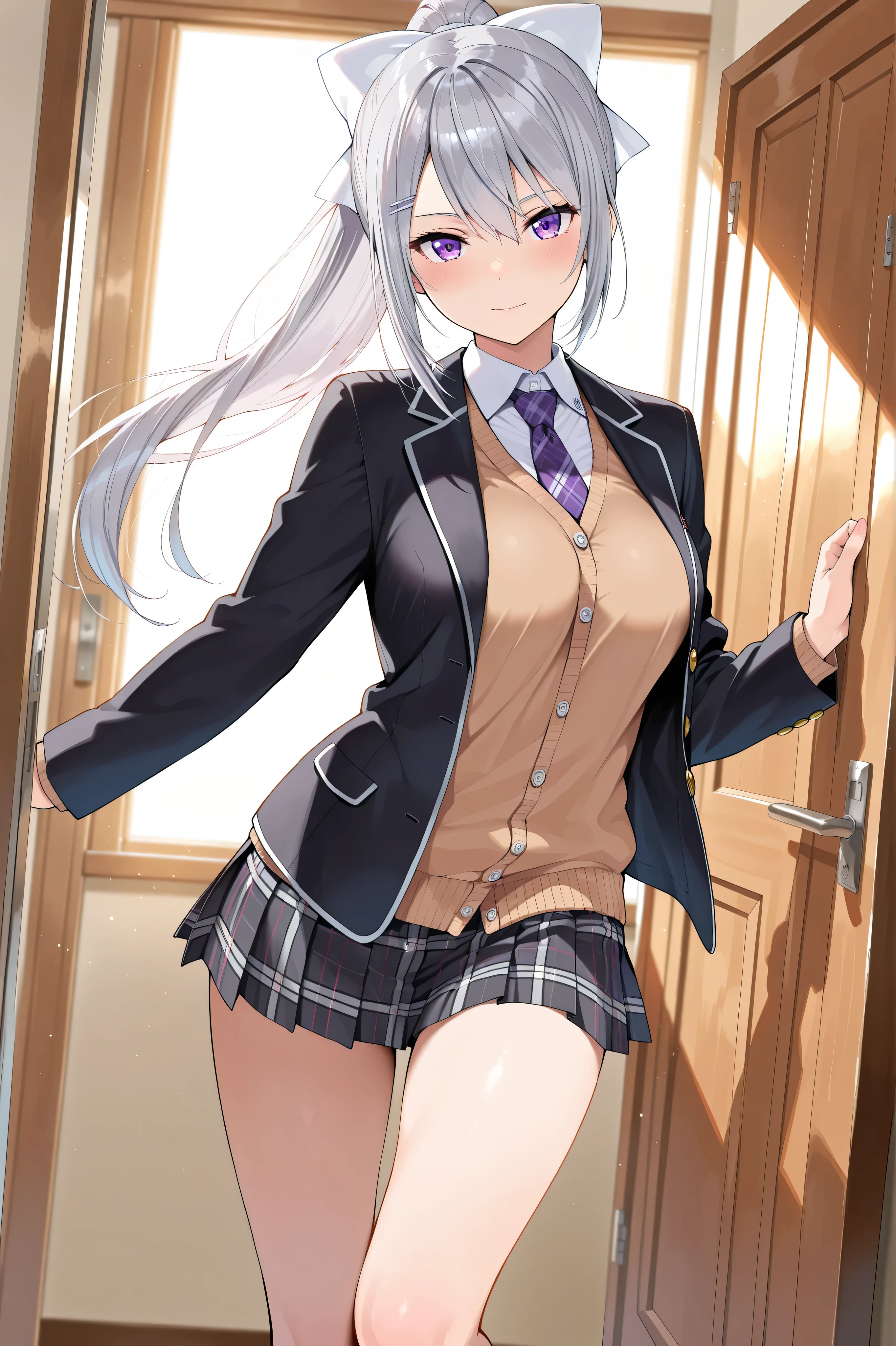 ((1 girl:1.5))、(smile:1.5)、、(cowboy shot)、(fun!!)、(white cardigan:1.5)、(dog ears)、(silver hair)、(blush:1.5)、(long hair)、(eye highlights:1.3)、blake black shoes,(黒いskirt:1.5)、bow, button, shirt with collar, long sleeve, ((red bow tie, ,, white shirt, チェック柄のskirt:1.5、white socks)),, shirt,, skirt, socks, thighs, white shirt, Rest indoors, ((classroom:1.5))、 BREAK while watching the audience、 (perfect hands, perfect anatomy),cowboy shot、(skirtlift:1.3),(highly detailed white panties:1.3)、(highly detailed panties:1.3)、、(skirt that rolls up:1.3)、(fully exposed panties:1.5)、light blue eyes