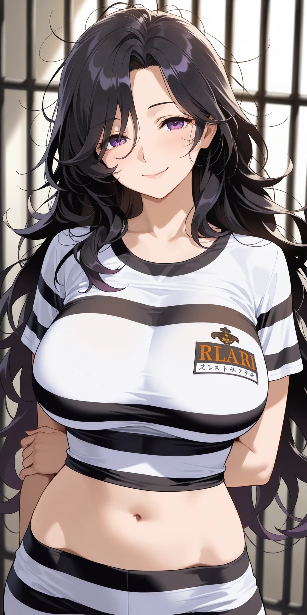 (1girl), black hair, extremely long hair, yellow eyes, (((massive female bodybuilder)))) ((((huge breasts)))), thick thighs, solo, angry, (pale skin), cowboy shot, (school uniform) (NSFW)