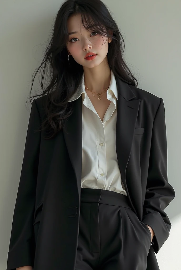 (masterpiece, highest quality, Realistic, Very detailed, In detail, High resolution, 8k wallpaper), Close up portrait of beautiful woman, Standing in the city, Earrings, necklace, Laughing happily, Light brown messy long hair, Wearing a black business suit, White collared see-through shirt, Wearing clothes directly on the skin without underwear,Blouse unbuttoned down to the chest,See-through breasts,Sharp Focus, Large Breasts, Perfect dynamic composition, Beautiful fine details, Detailed Hair, Detailed and realistic skin texture, Fashion magazine cover, Professional photography, ,xx mix_girl