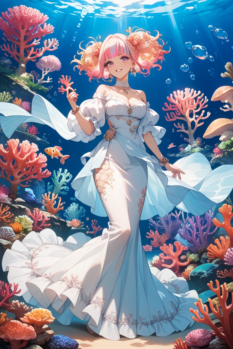 (Ultra-realistic 3D character video wallpaper, high-quality game original painting level, best picture quality, complete special effects), a gorgeous and cute mermaid princess, (orange perch texture: 1.2+pink perch texture+gold perch texture: 1.1+wings: 0.8 ), (bright eyes), (foundation + eye shadow of the same color + white gauze + brooch + bracelet), (elegant figure), (detailed background, seaweed + jellyfish + coral + shells), (breezy Blue sea surface), (delicate and soft tones), (dream water particles + foam), (relaxing and soothing ambient music)