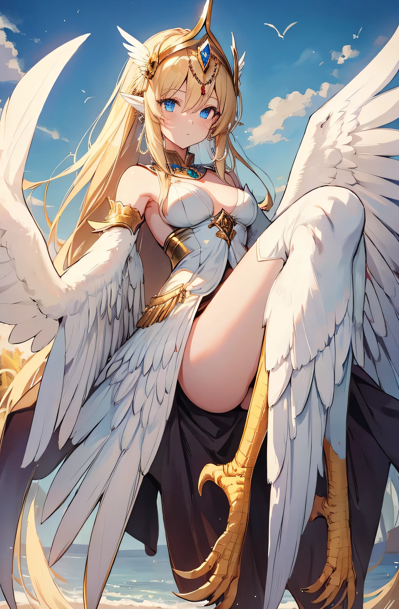 4K,High resolution,One Woman,Harpy,Blonde,Long Ponytail,Blue Eyes,Big Breasts,White Wings,Golden toenails,Black bikini,hair band,Jewelry decoration,in the forest