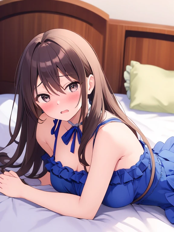 1 girl, best quality, tmasterpiece, beautiful, detailed eyes, HD, extremely detailed, visually inspect the audience, brown hair, (((solo:1.1))), mouth sticking out tongue, the face is slightly red, is shy, blush, full bodyesbian, adorable, Lori small breasts cleavage, white dress, (sitting on his knees on the bed:1.4),
