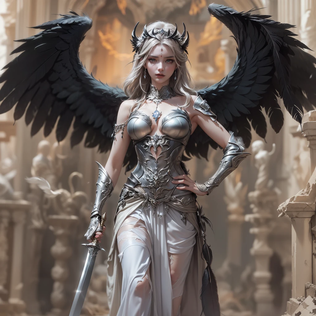 (master part), (best quality), (circunstanciado), camada de luz, Pele Lustrosa, (intrincado detalhado , roupas tensas, , demon wings,ornamento de cabelo :1.2), de cima, cabelos pretos, gargantilha preta, cabelos longos, Corte Hime, Woman, franja contundente, Fechaduras laterais, olhos vermelhos, Segurando Quarterstaff,segurando a foice,segurando espada, (Mature female:1.1), [Sem censura, NSFW, Mamilos], rabos de cavalo laterais  (fundo simples:1.1),