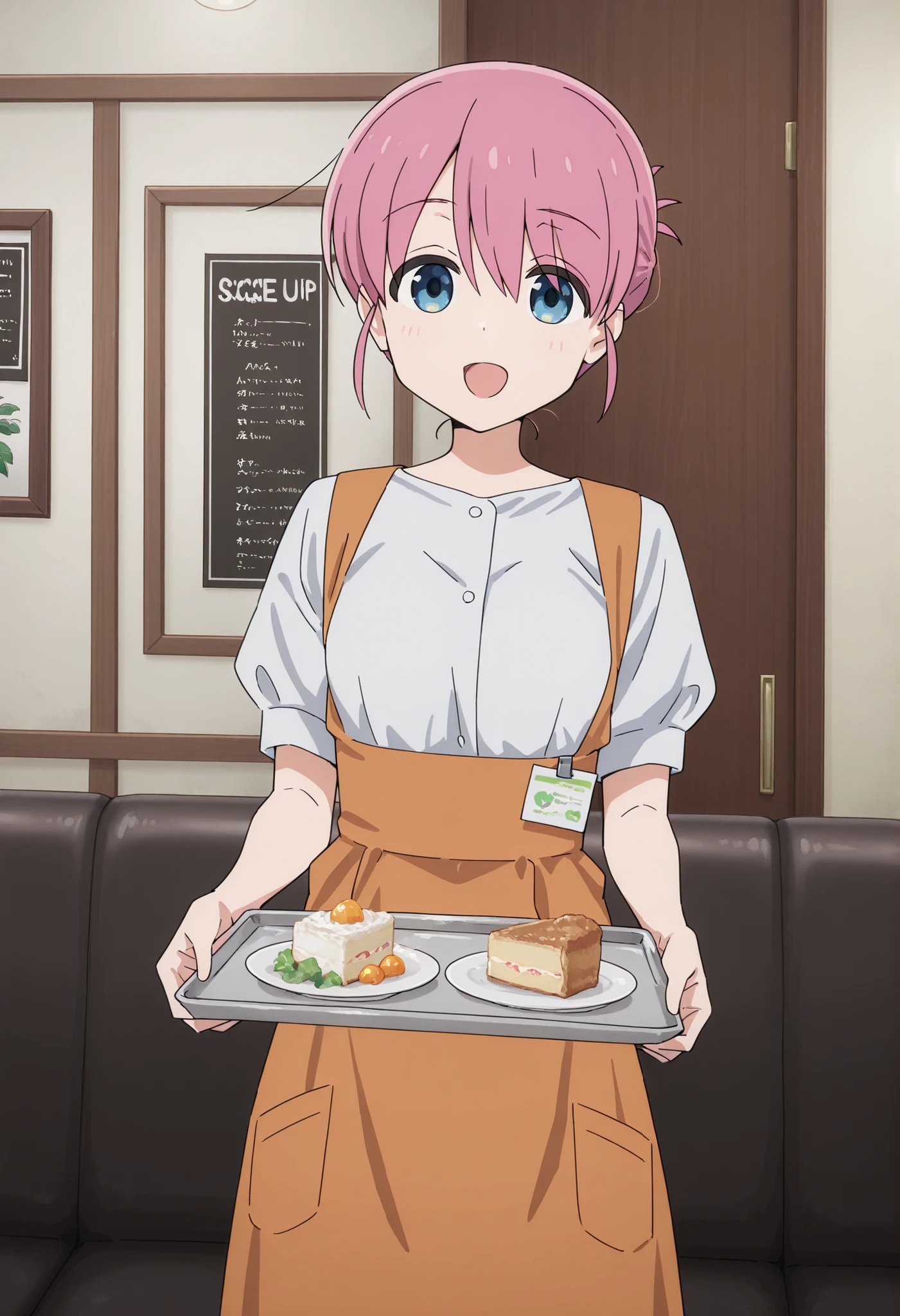 Score_9, score_8_up, score_7_up, source_anime, Michiyo Gotoh (character), 1girl, solo, pink hair, blue eyes, hair bun, (best quality), (high quality), {masterpiece}, extremely delicate and beautiful, ultra-detailed, beautiful detailed eyes, anna miller, waitress, white shirt, short sleeves, puffy sleeves, orange suspender skirt, high-waist skirt, waist orange apron, name tag, restaurant, indoor, holding silver tray, smile, open mouth, standing