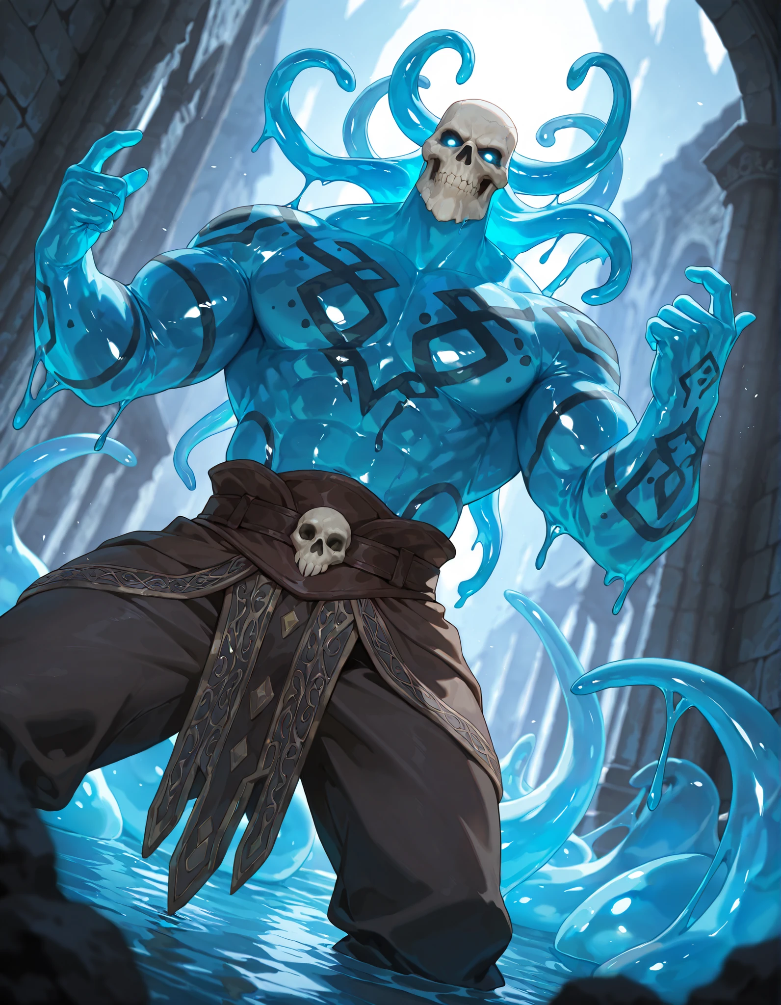 Expressiveh, score_9, score_8_up, score_7_up, slime short hair, body made of slime, muscular, giant, goliath, slime of a brilliant turquoise blue tone, solo male, alone, haughty, slime in a form of a man, dark buggy pants, athletic, human like slime, goliath, body tattoo, skull head, tentacles from the head, humanoid slime with a gelatinous shape, transparent body, glowing eyes, with a wise and calm look, reflects his maturity and experience, moves with a unique elegance, front view, calm expression, medieval fantasy, dungeon background, dramatic lighting, detailed background, depth of field, dynamic pose, detailed background, dynamic composition, dutch angle, detailed backgroud, muscular confidence gesture,