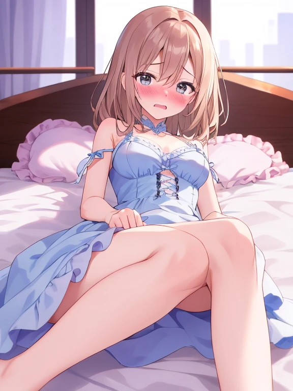 ((masterpiece)), ((Best Quality)), (Ultra-detailed), Anime style, Cute ,8k , 1girl in, Solo, swimsuit, sitting on the bed 