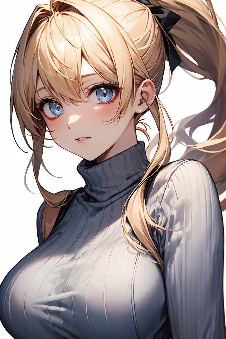 ((forehead、Standing、Chubby、A calm face、Blonde、High Neck Sleeveless Knit Dress、White Blonde Hair、Northern Europe、White、beautiful girl:1.5、Blonde、White background、cute、Young、True Face、Shiny Hair、whole body))、overweight:1.5、masterpiece, best quality, ultra detailed, hyper detailed, beautiful, woman, medium shot, from front, leaping figure composition, midday, in focus with blurred background、 highest quality, figure, super detailed, finely, High resolution, 8k wallpaper, Perfect dynamic composition, detailed and beautiful eyes, Deco out,bionde, big breasts, Natural color lip,white background, random cute poses