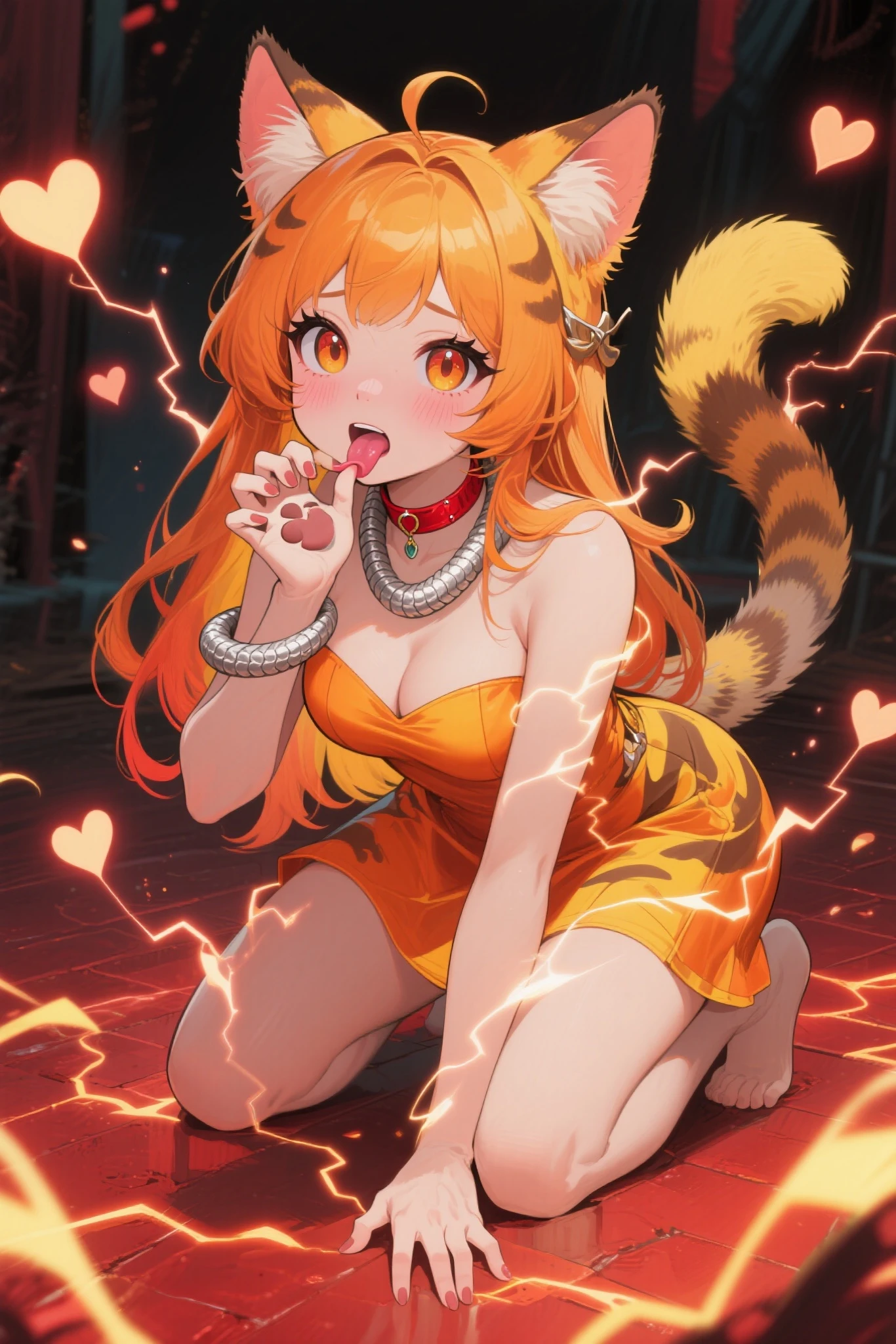 top-quality、masterpiece、Tiger costume、girl with、Rough Tiger Pose、Flames in the background、Burning、Tiger Hand、Meat balls