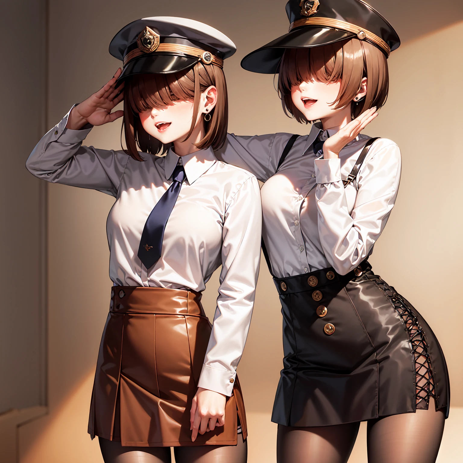 policewoman uniform, light blue short sleeved shirt, navy necktie, high waisted miniskirt, belt, white gloves, police hat, handcuffs, absurdres, RAW photo, extremely delicate and beautiful, masterpiece, Best Quality, ultra high resolution, 32k, hyperrealistic, ultra-detailed, detailed description, pale skin, 20 years old, tearful mole, earring, short medium hair, wavy hair, whole body shot, legs, Redhead, Red eyes,