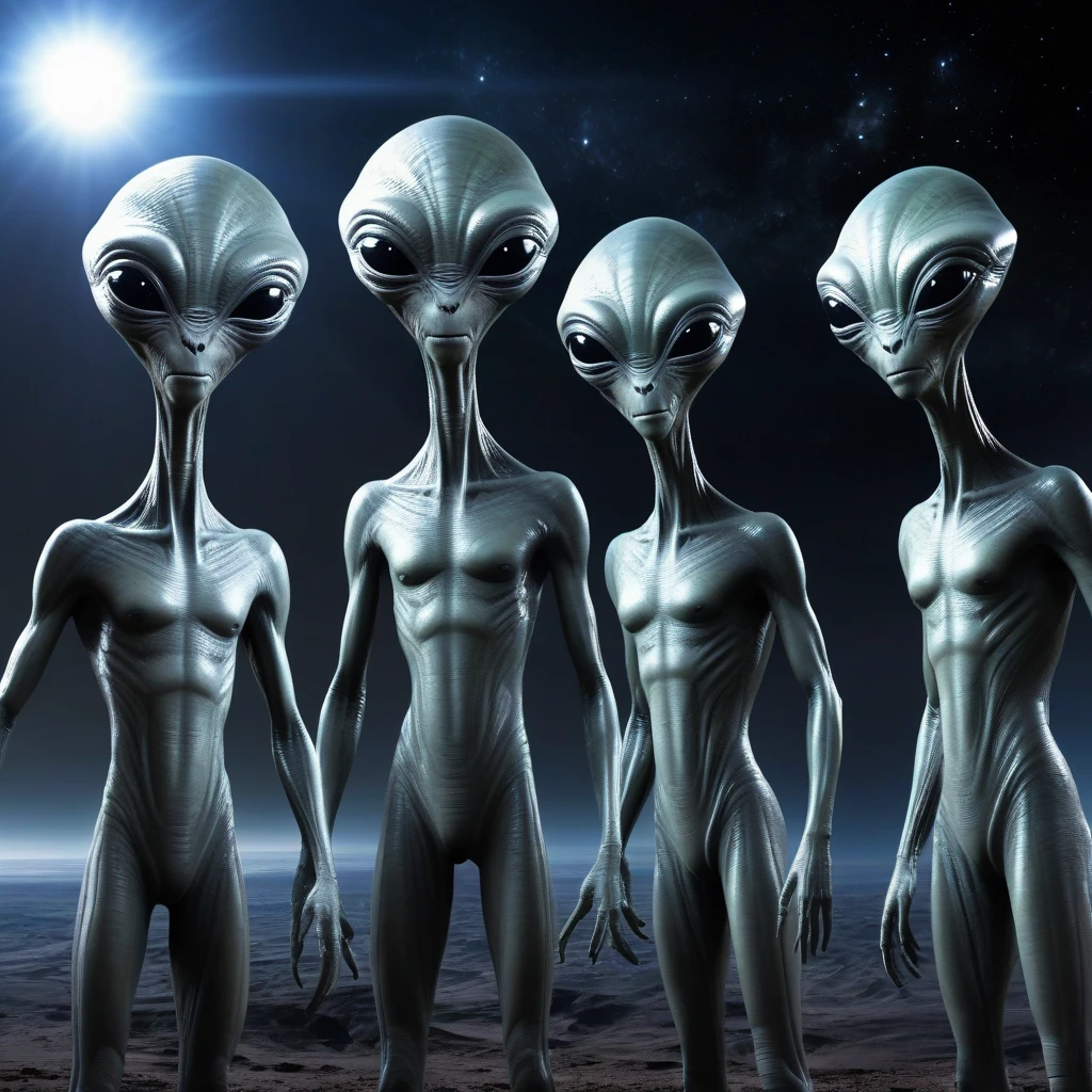 (((Masterpiece))), (high quality),(one alien girl:1.2), 15 years old,(innocent smile),(big light black eyes:1.5),5 heads,(Skinhead,Gray aliens,Large, dark, almond-shaped eyes,:1.5),(No hair, no whites, no ears:1.5),Wearing a silver body-fitting suit,Plain background,from below