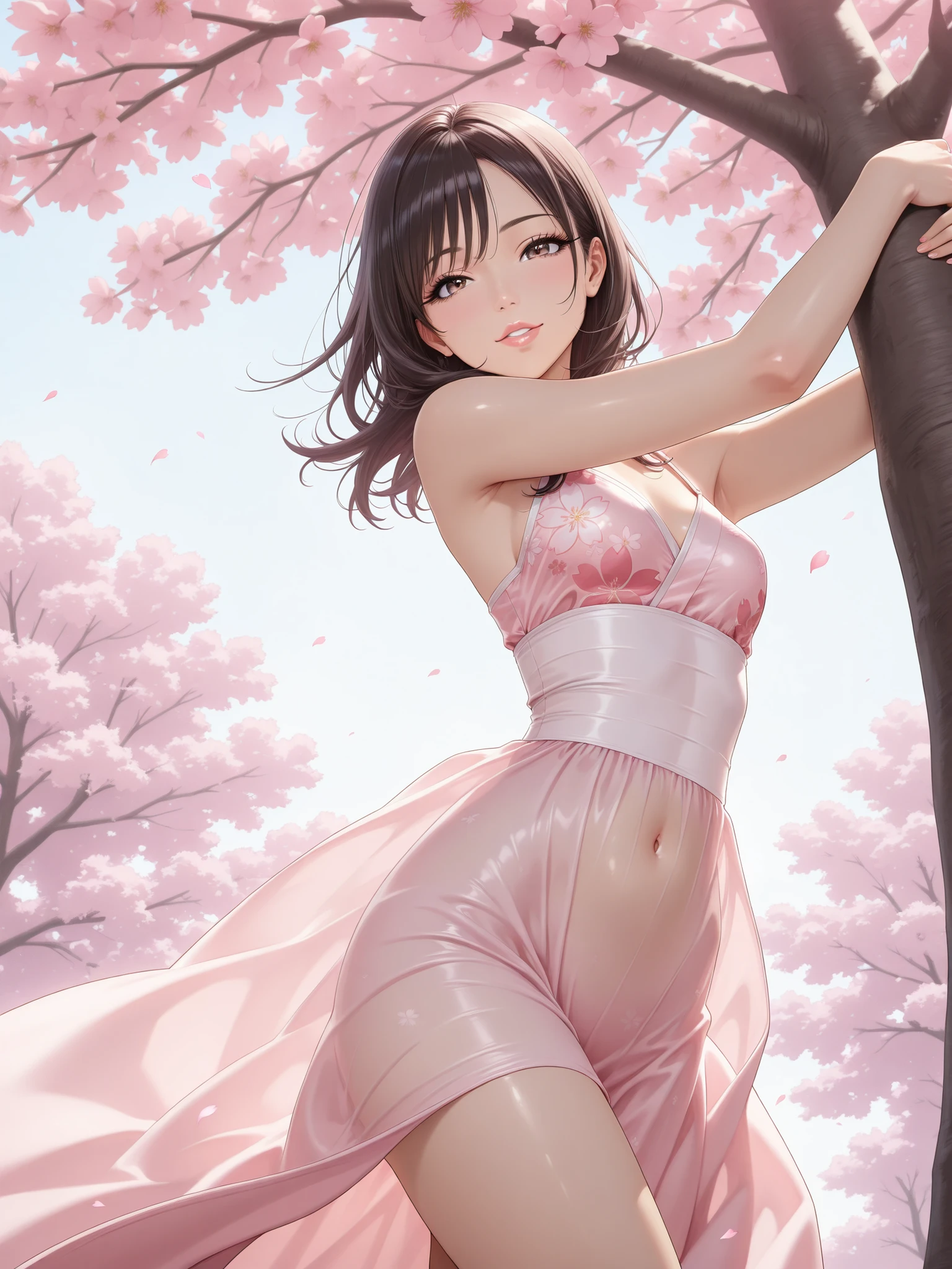 a beautiful nude woman, Japanese-style art, extremely detailed face and body, beautiful detailed eyes, beautiful detailed lips, perfect figure, smooth skin, long hair, sitting under a cherry blossom tree, sunlight filtering through the leaves, vibrant colors, romantic atmosphere, photorealistic, 8k, high resolution, masterpiece