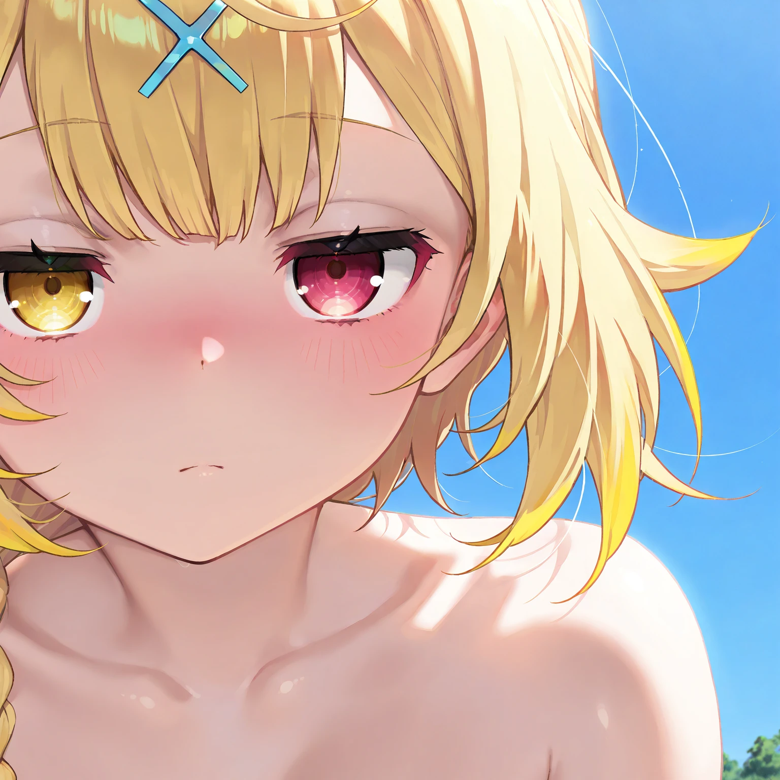 smile, blush,(red eyes:1.5), (large breasts:1.2), open your mouth, bare arms, barefoot, Midsummer, Palm tree, daytime, Light of the sun, walking on the sandy beach, 壊す looking at viewer, Upper body, whole body, break outdoors, coastal street, destroy the beach (masterpiece:1.2), highest quality, High resolution, unity 8k wallpaper, (figure:0.8), (detailed and beautiful eyes:1.6), highly detailed face, perfect lighting, Very detailed CG, (perfect hands, perfect anatomy), 1girl, 18 year old female, Mordred, Fate/Grand Order, anime style, ultra realistic, high detail, sexy pose, sexy, beautiful, exposed skin, slender, exposed breast, medium breast, nipples, nude, moon, stars, absurdres, high res, ultrasharp, 8K, UHD, retina, masterpiece, accurate, anatomically correct, perfect anatomy, textured skin, super detail, high details, high quality, award winning, best quality, high res, looking at viewer, detailed eyes, four fingers and one thumb per hand, perfect hands, perfect finger, two arms only, green eyes, blonde hair, thigh band, no clothes
