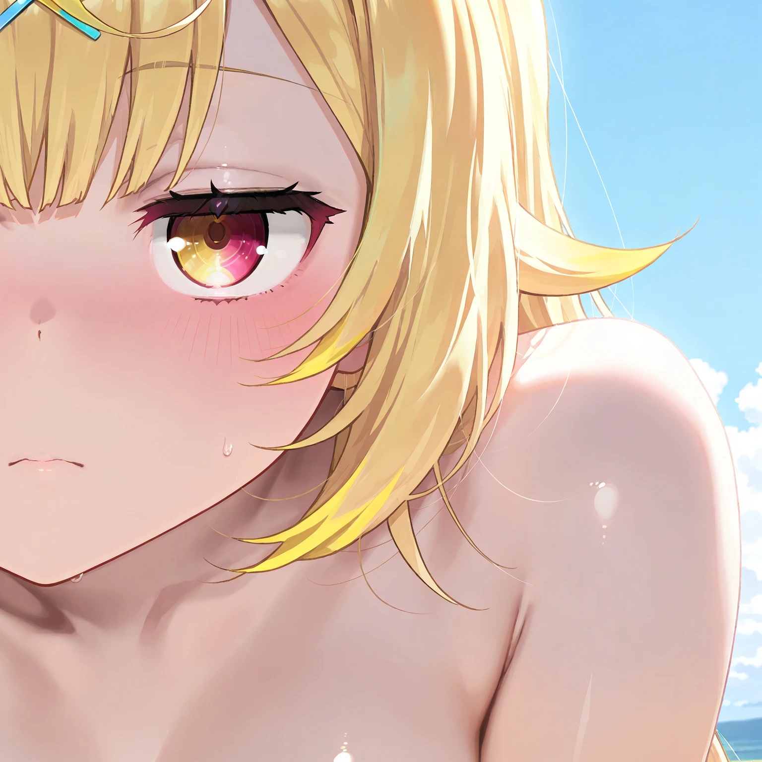 masterpiece, middle ages, beach, blonde, aqua eye, ((((((hair over one eye)))))), side Braid, blunt bangs, bob hair, Ahoge, ((((nude)))), 1boy, open mouth, spread legs, front, front, arms behind head, (((Small breasts))), (((glaring))), fang, ((smile)), ((scared)), grin, Smirking eyes,
