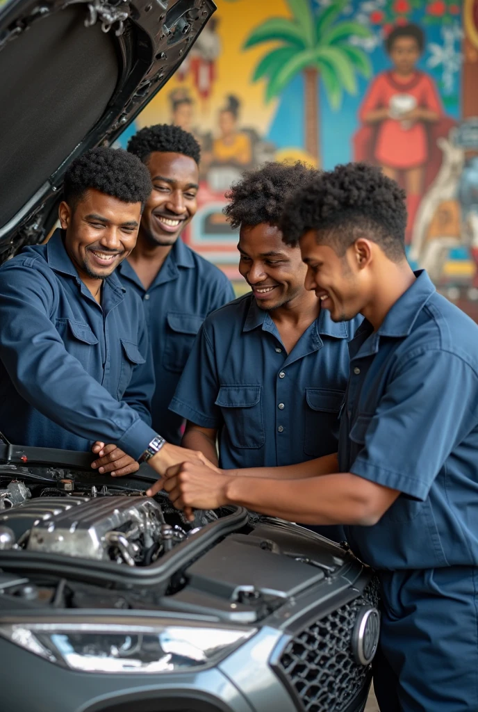 A group of blue-uniformed African mechanics working on a car engine in a car in a garage, one instructor, a training academy setting, mechanics, excited smiles, focus on the camera, eye contact, maintenance photo, handsome charismatic mechanic, mechanic overall, mechanic uniforms, high detail photo, automotive --auto --s2