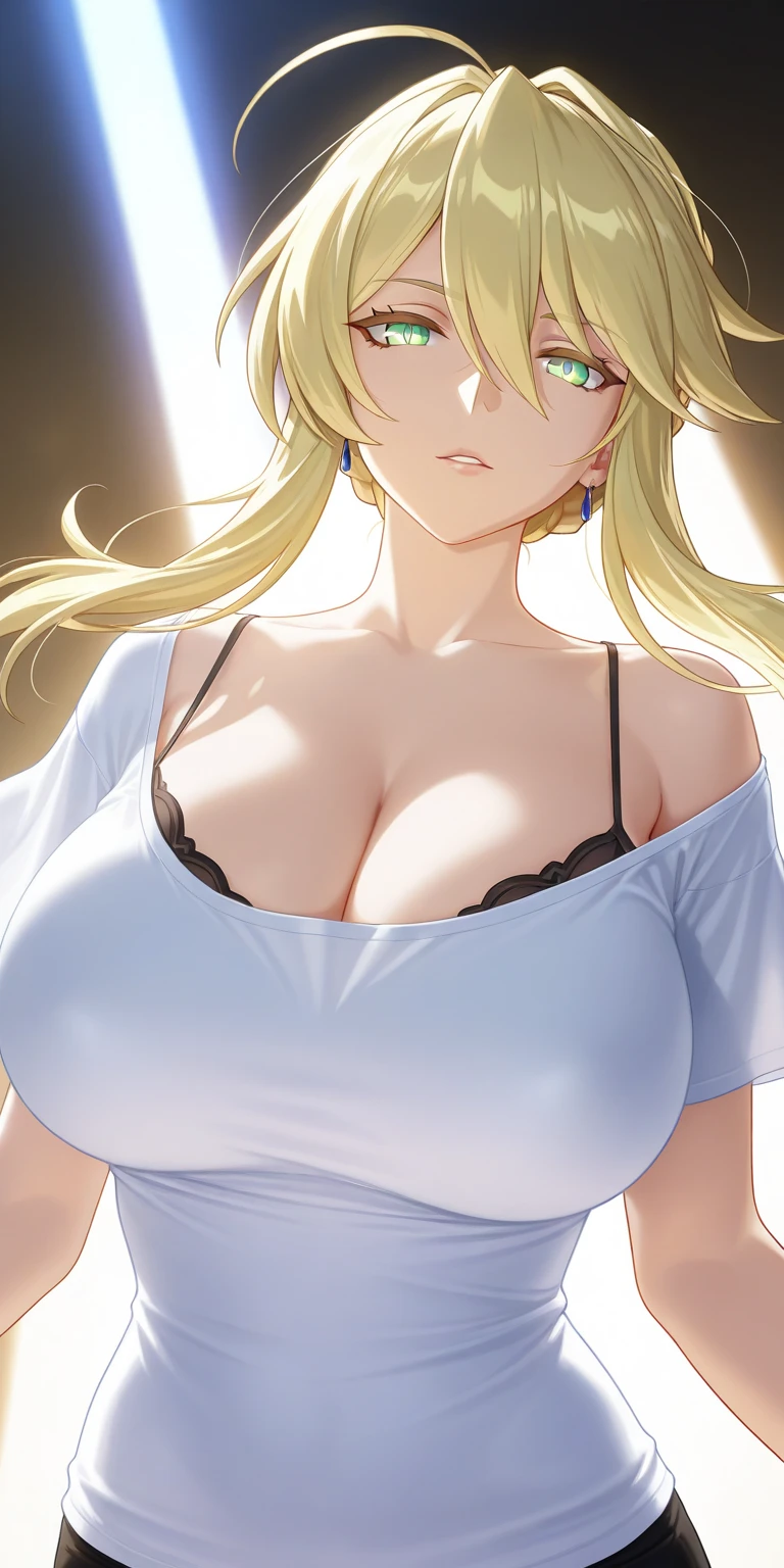 {masterpiece, distinct_image, extremely detailed CG, (extremely detailed fine touch:1.2), (natural light, sun light, light rays, dappled light, ray tracing:1.2), beautiful eyes and detailed face,realistic, photo realistic, 4k, 8k, high_resolution,perfect_finger, (beautiful_detailed_eyes:1.3), glitter, yellow_light, (glow_yellow_face, front_light:1.3), summer_light{1girl, face_focus,cowboy_shot, looking for_in_viewer, front_view, standing, hand_on_own_cheek, (piece sign pose:1.5) },{adult, (huge_breasts, wide_hip:1.3), navel, skinny_stomach,tight_gap, groin, (white_short_sleeve_cropped_button_shirt, tied button shirt:1.7),( very short_black_knife_pleated_skirt, school_uniform, cleavage:1.4), (yellow_leopard_print_bra_over_a_white short_sleeve_button shirt:1.6), (tanning_skin, dark_skin:1.5), (pink_nails, gold earrings, black neck choke, white collar, multiple colored bracelets:1.4),(yellow_hair, pink_eyes, long_hair, side_ponytail, slanted_eyes, bangs:1.4), (smiling face:1.3), sweat, white background}