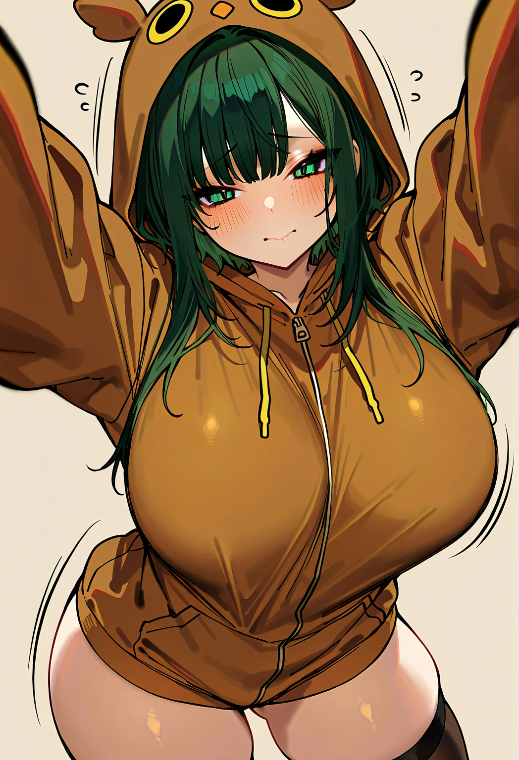 dark skin female,dreadlock,green hair,long hair,black bodysuit,fullsuit,cleavage,nipples bumps,big breasts,unzipped ,kabedon pov.1 girl solo,look at viewer,smile,heavy breathing,pov,sexy pose