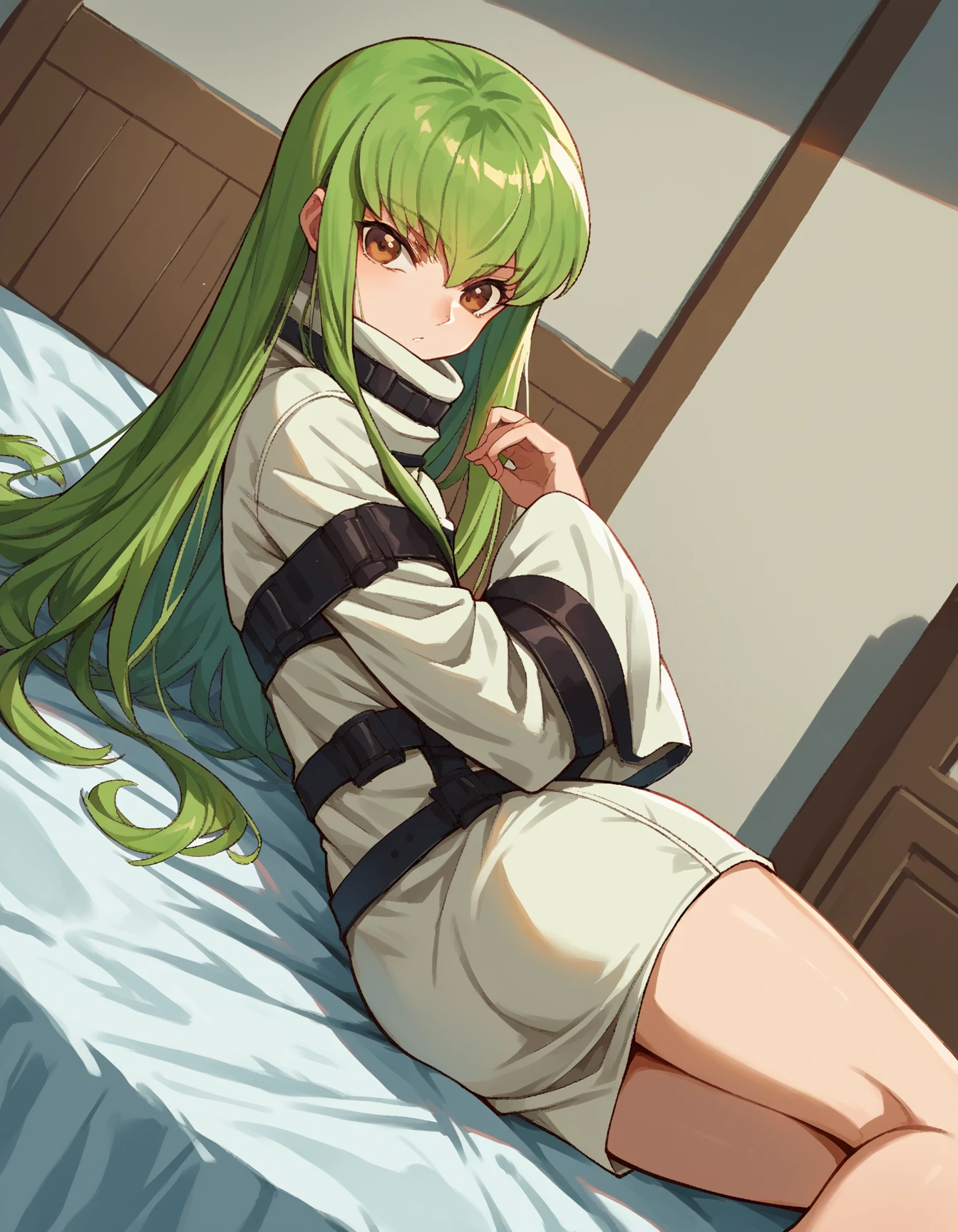 score_9, score_8_up, score_7_up, source_anime,
codegeasscc, cc, brown eyes, green hair, long hair, straight hair,
straitjacket, white straitjacket, wide sleeves,
indoors, bed, bed room, on side,
looking at viewer, dutch angle, cowboy shot,