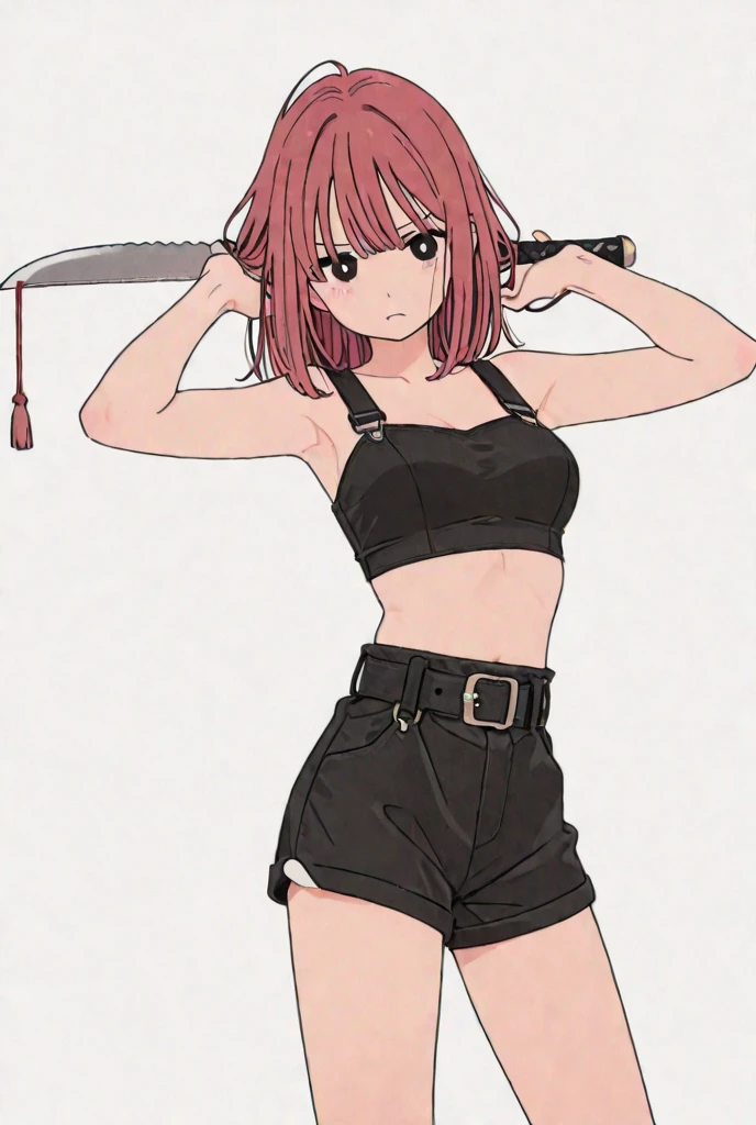 Our character has red hair and braided hair and blood streaks and a knife in his hand and a swimsuit and black shorts
