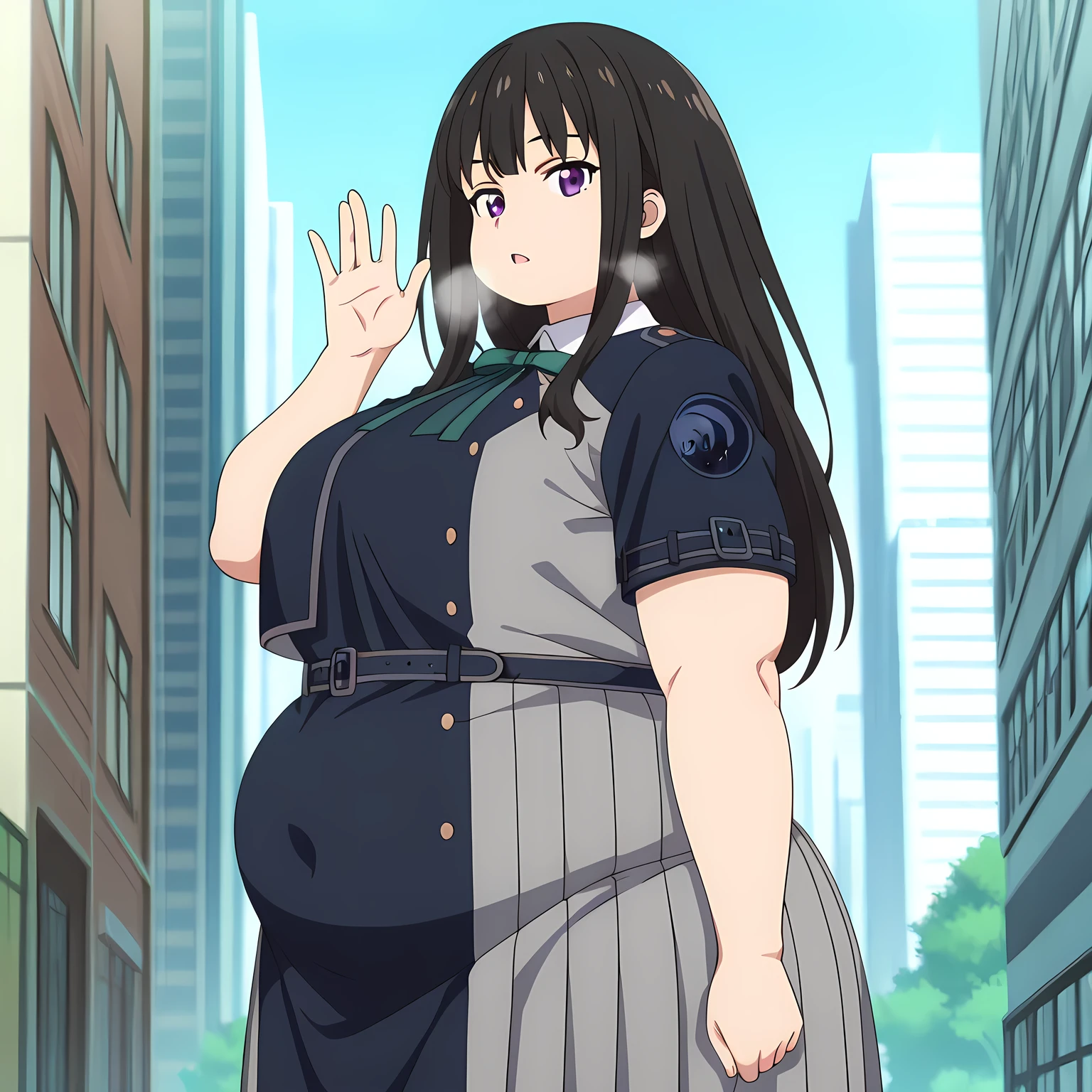masterpiece, best quality, highres, newest, 1girl, solo, official style, anime screencap, takina, black hair, purple eyes, lycoris uniform, expressionless, outdoor, city, day, looking at viewer, cowboy shot, hand up, five fingers fat, chubby, obese, gigantic arms and legs, large breasts open mouth, out of breath, pov belly, from side,